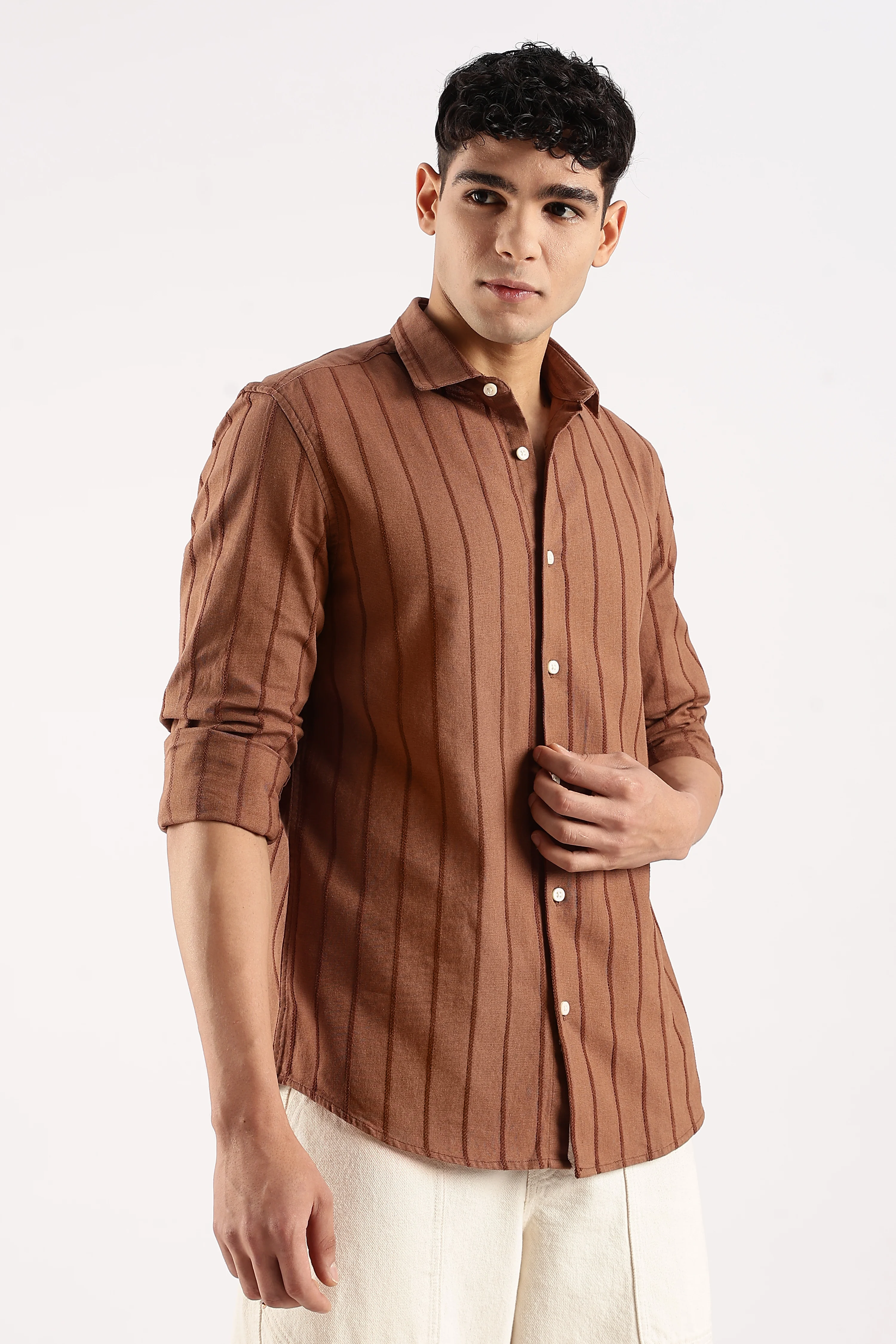 Men Brown Cotton Self-Striped Shirt - Image 5