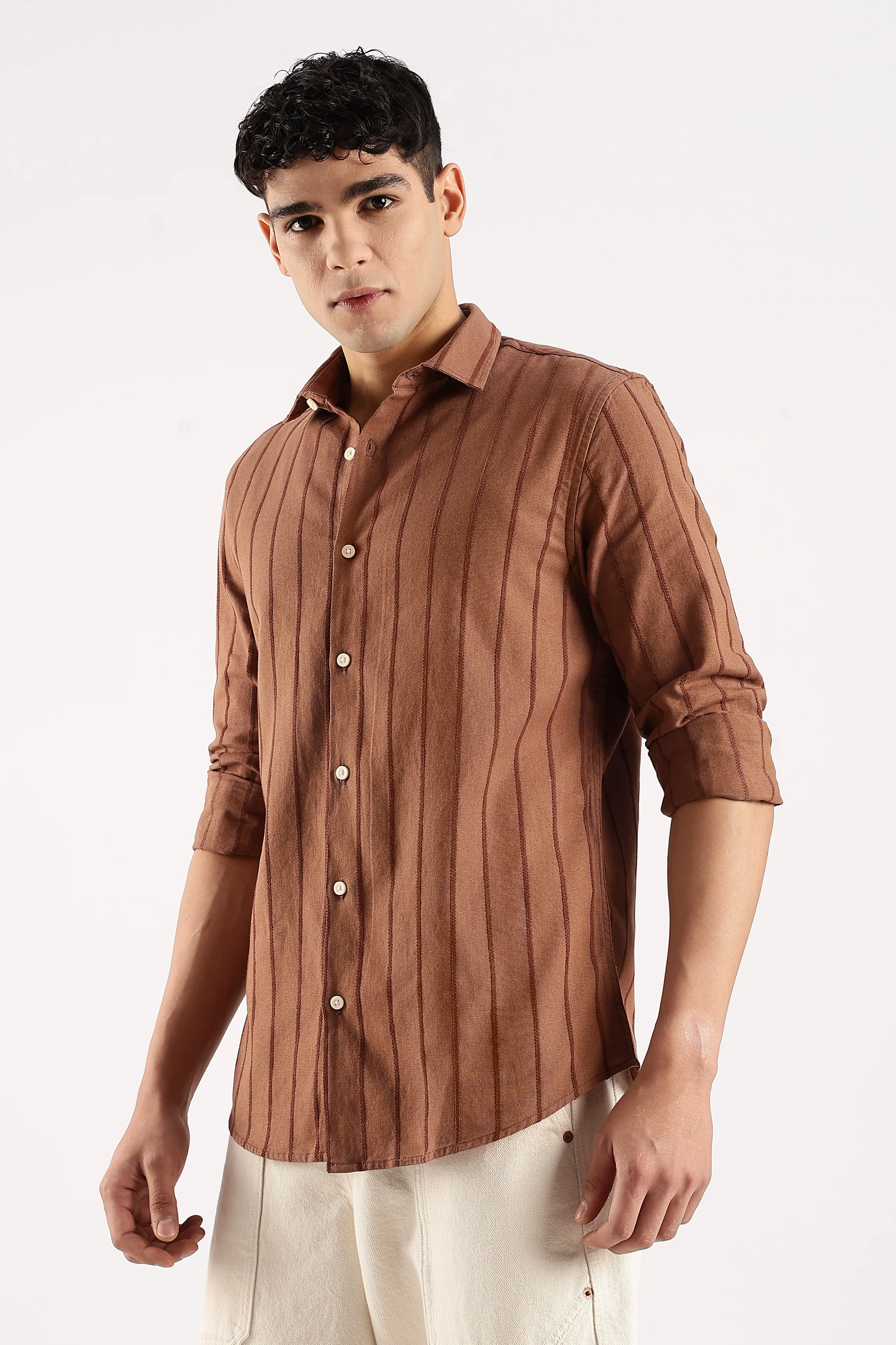 Men Brown Cotton Self-Striped Shirt - Image 6