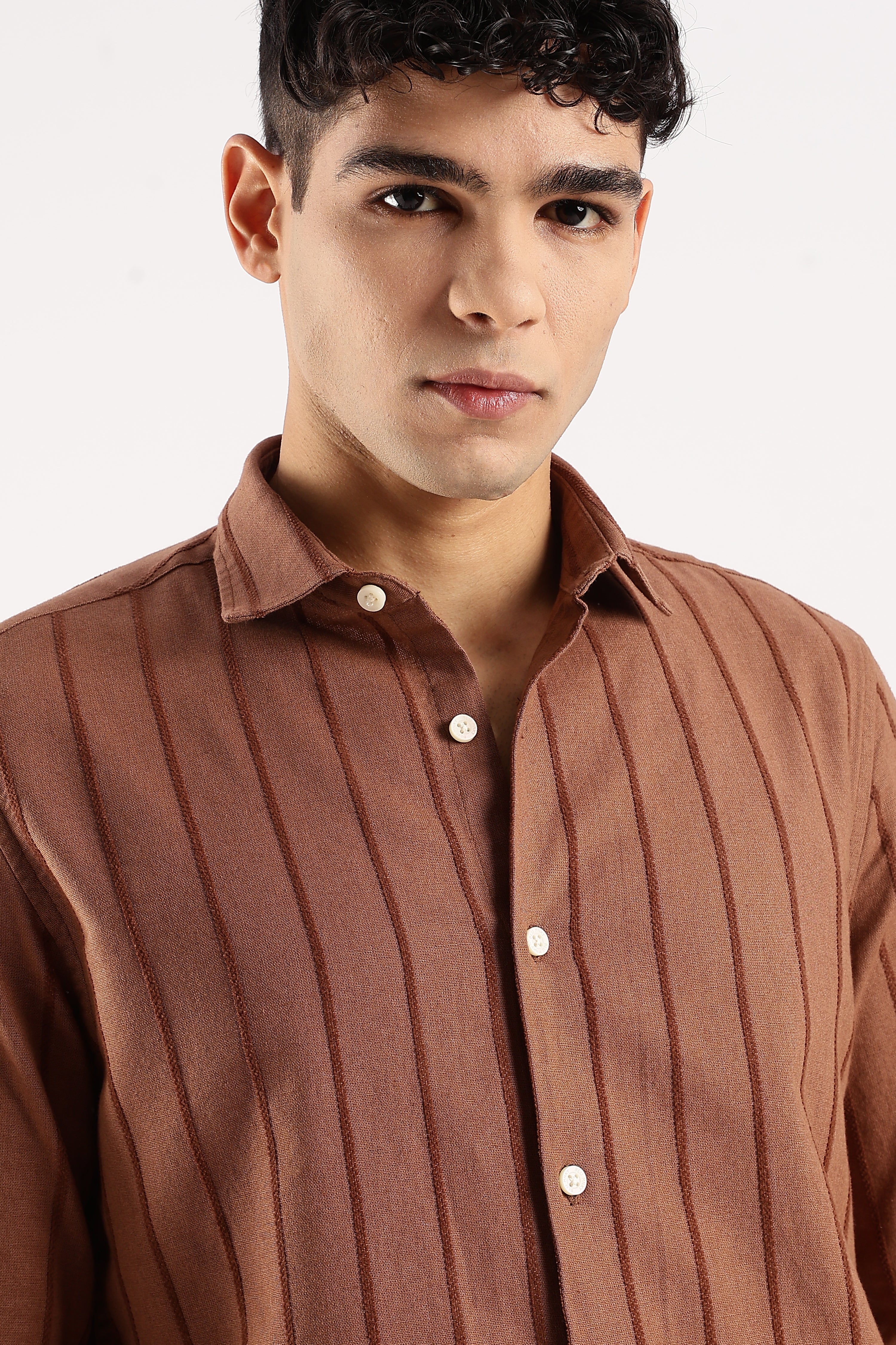 Men Brown Cotton Self-Striped Shirt - Image 7