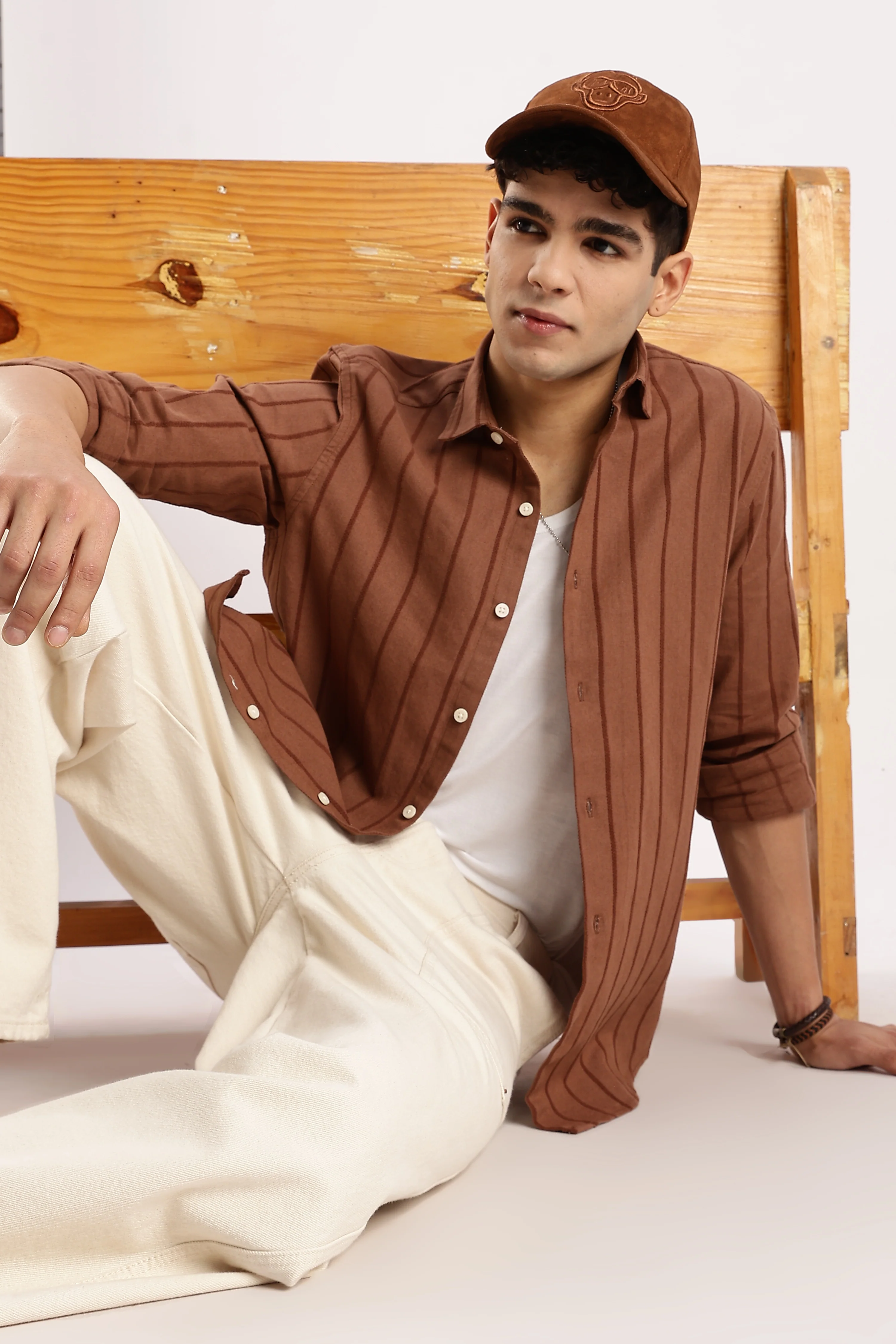 Men Brown Cotton Self-Striped Shirt - Image 8