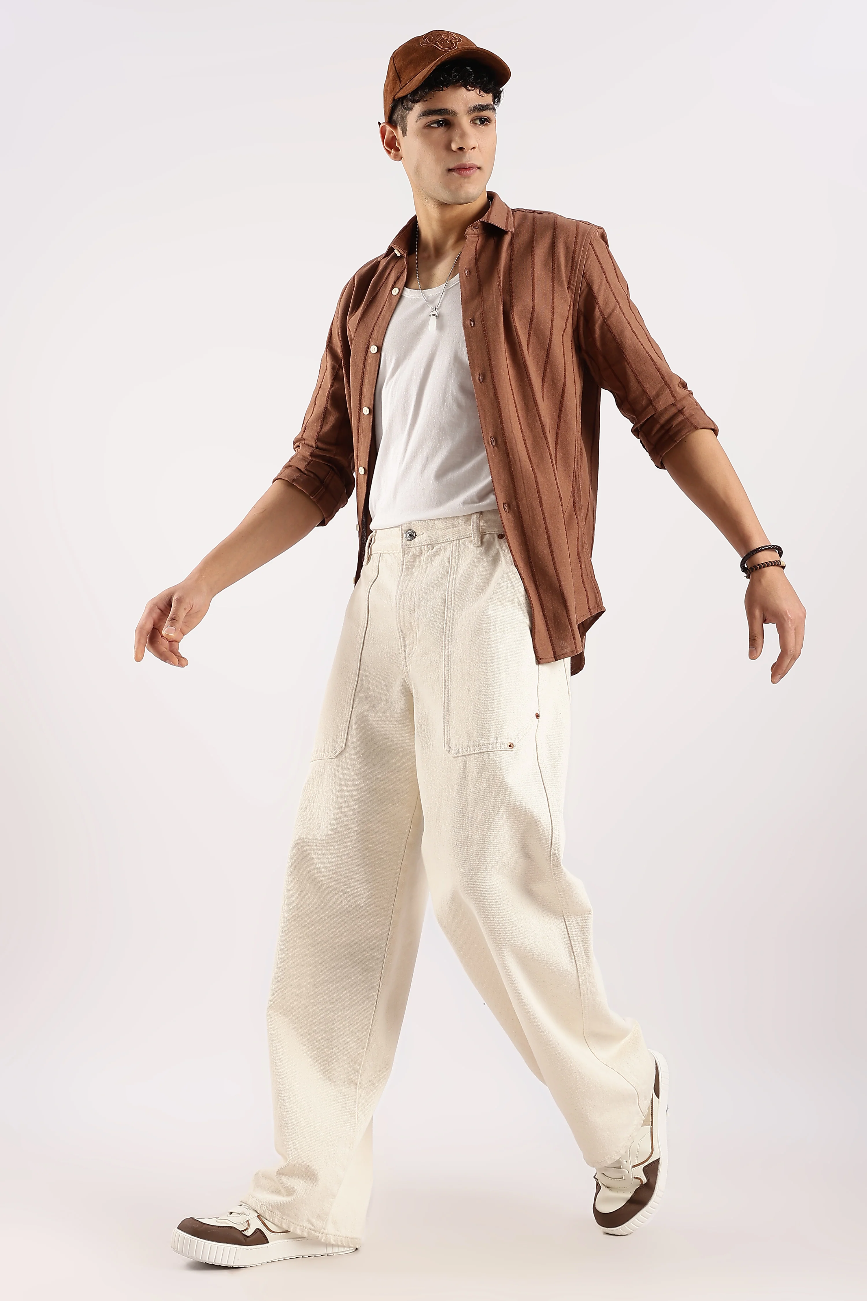 Men Brown Cotton Self-Striped Shirt - Image 9