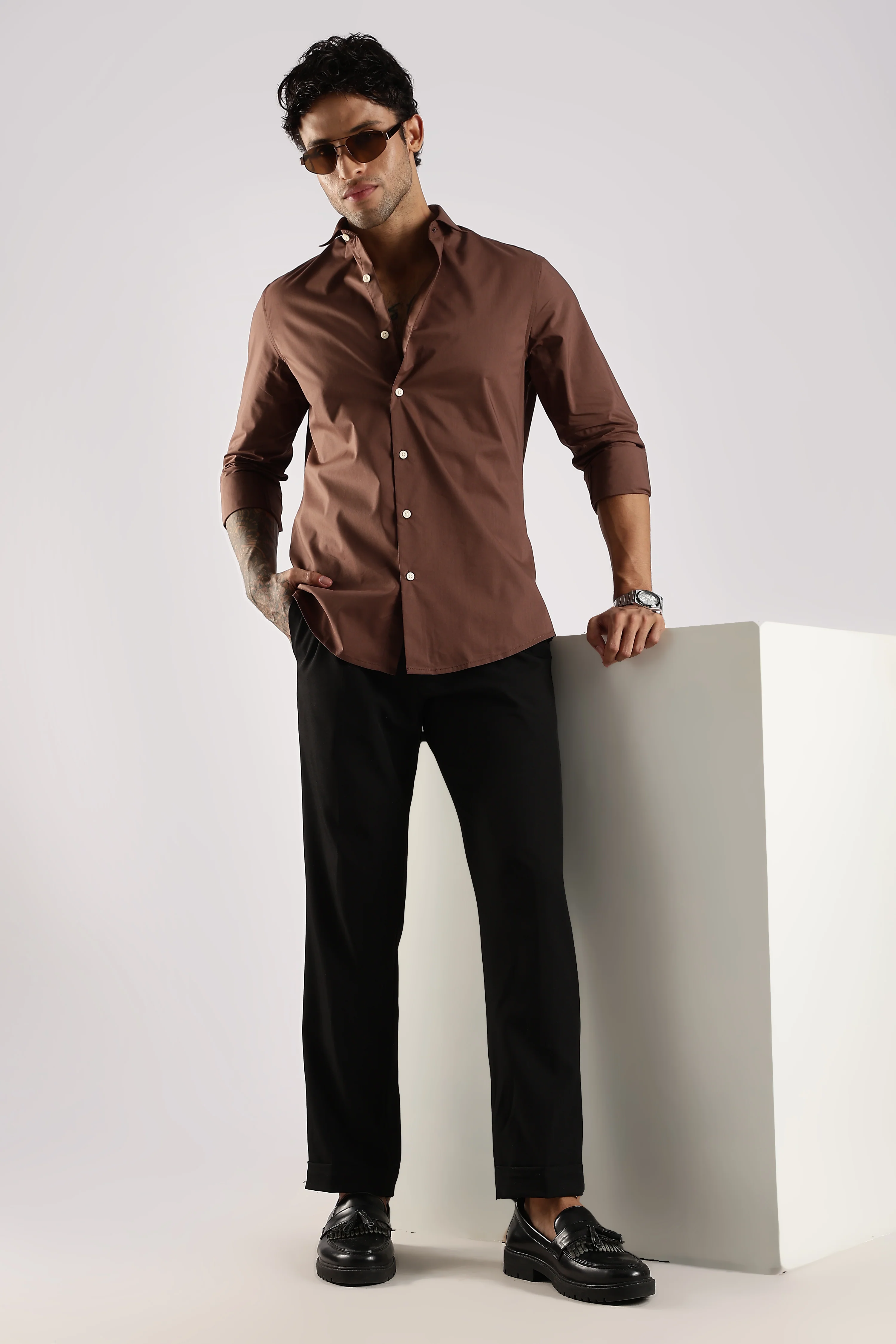Men Brown Cotton Slim Fit Shirt - Image 3