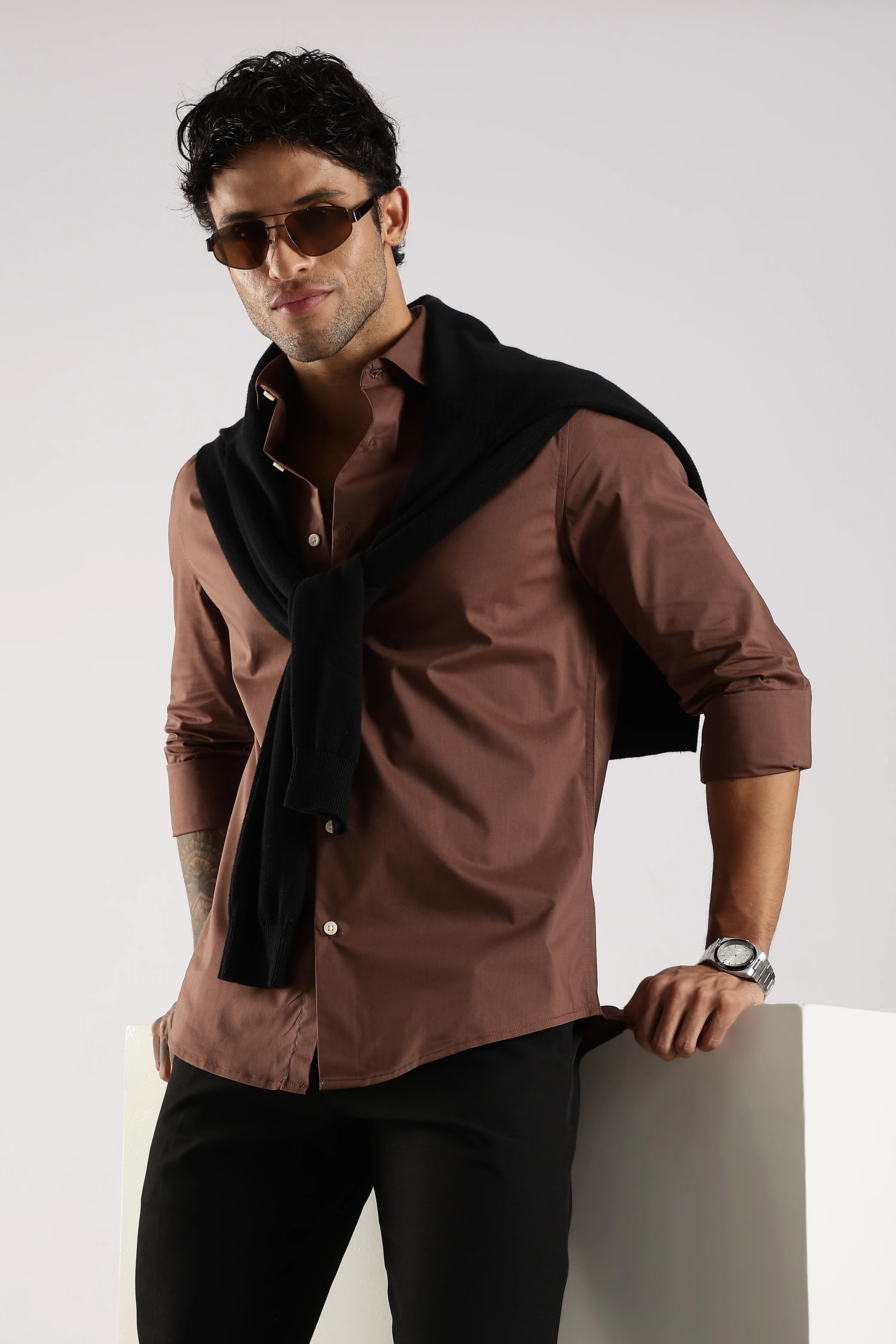 Men Brown Cotton Slim Fit Shirt - Image 4