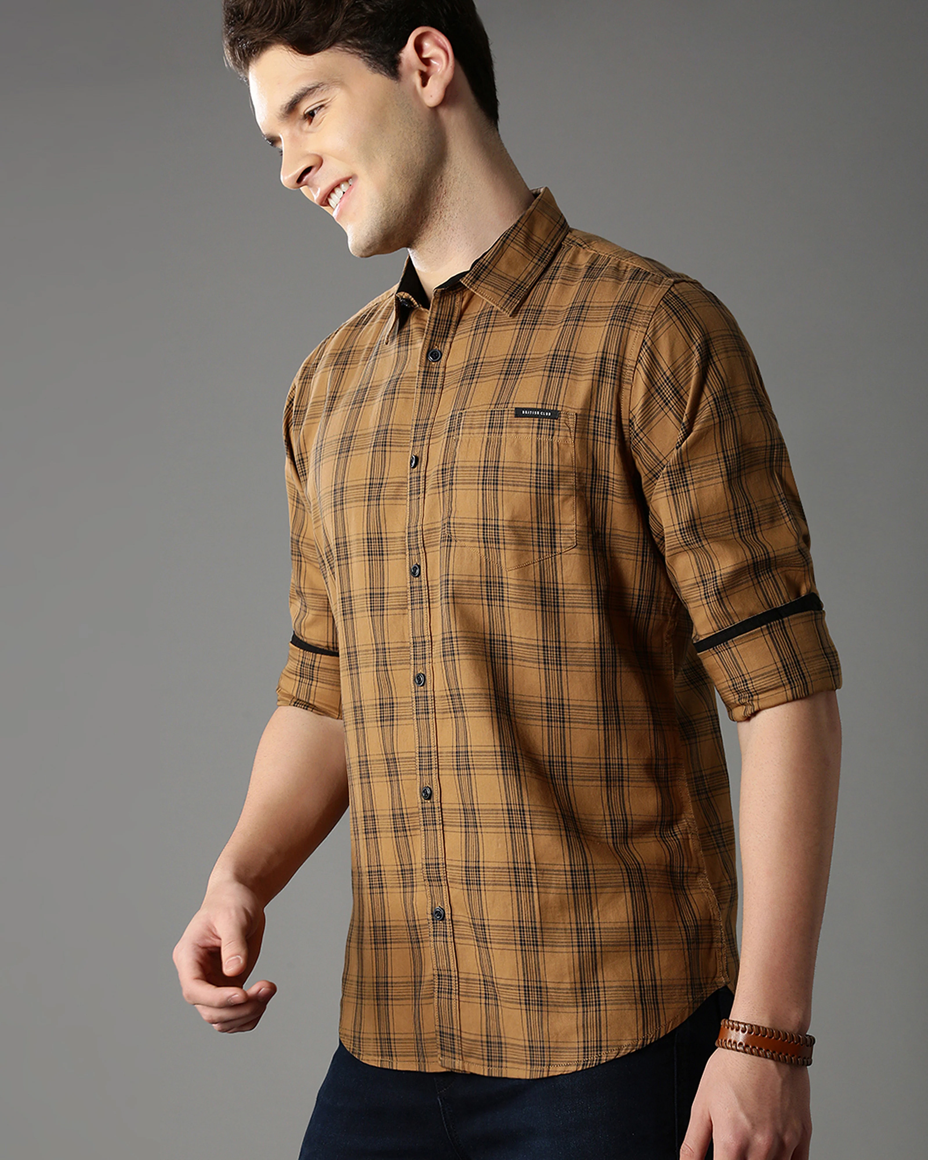 Men Brown Cotton Slim Shirt - Image 2