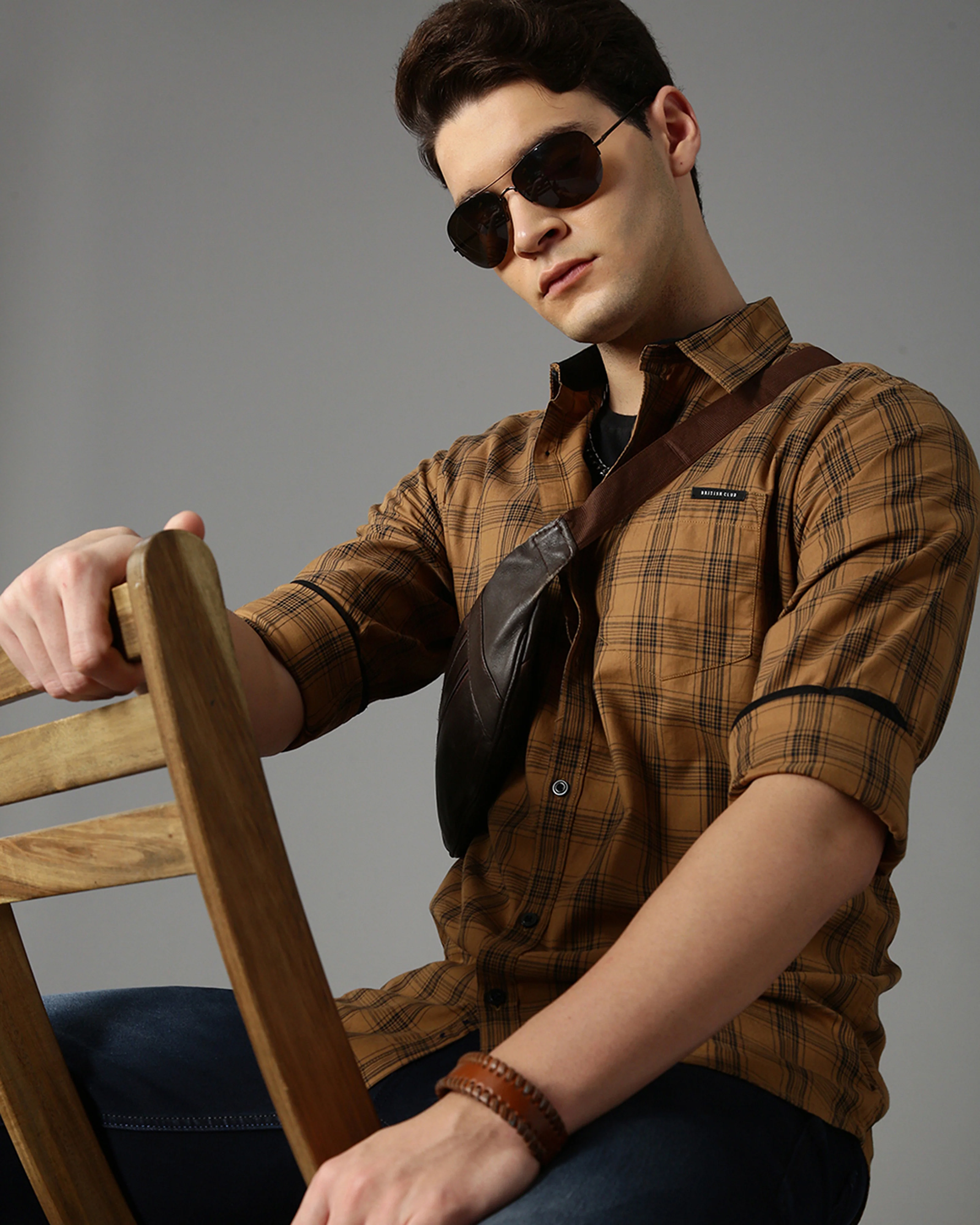 Men Brown Cotton Slim Shirt - Image 7