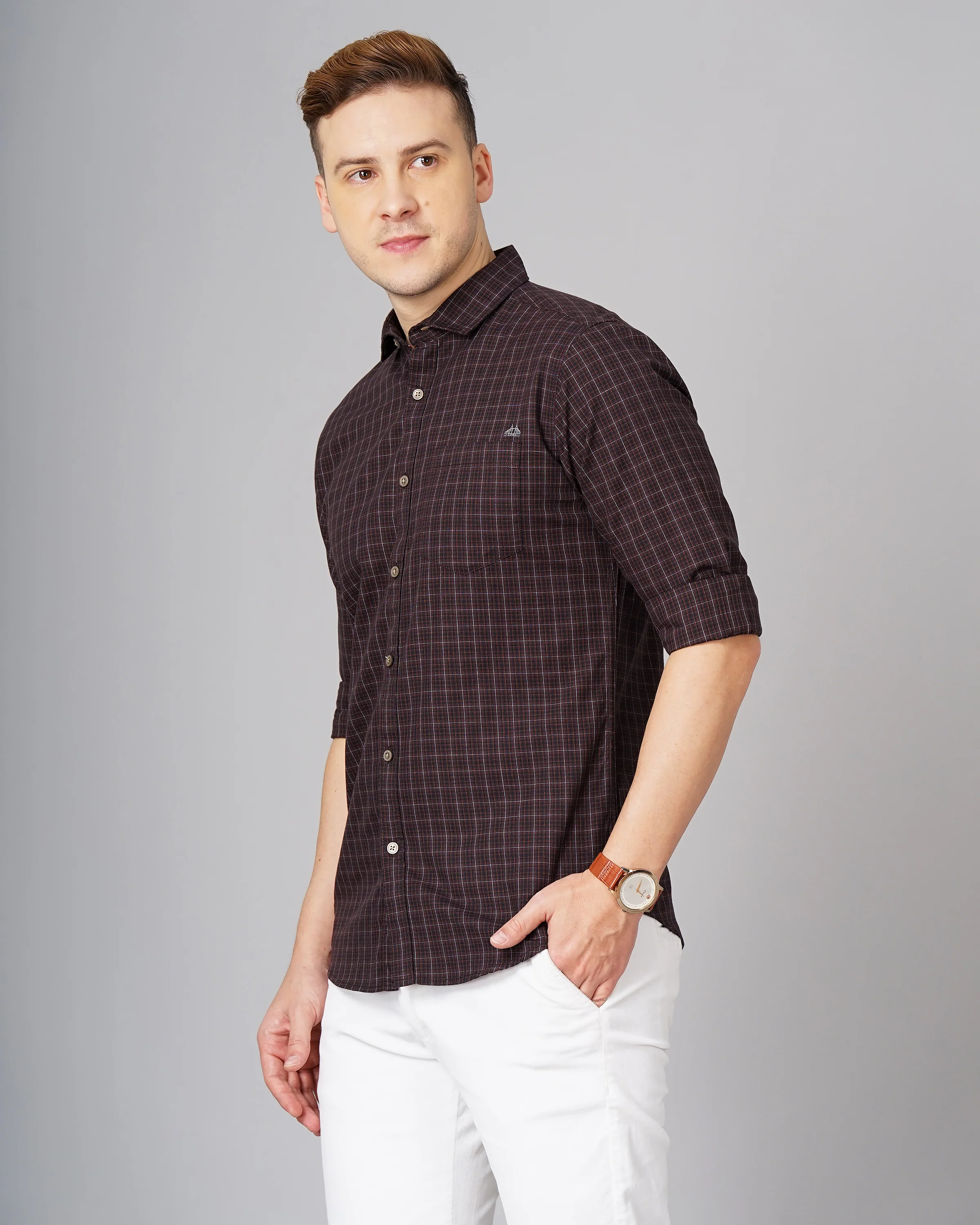 Men Brown Cotton Slim Shirt - Image 2