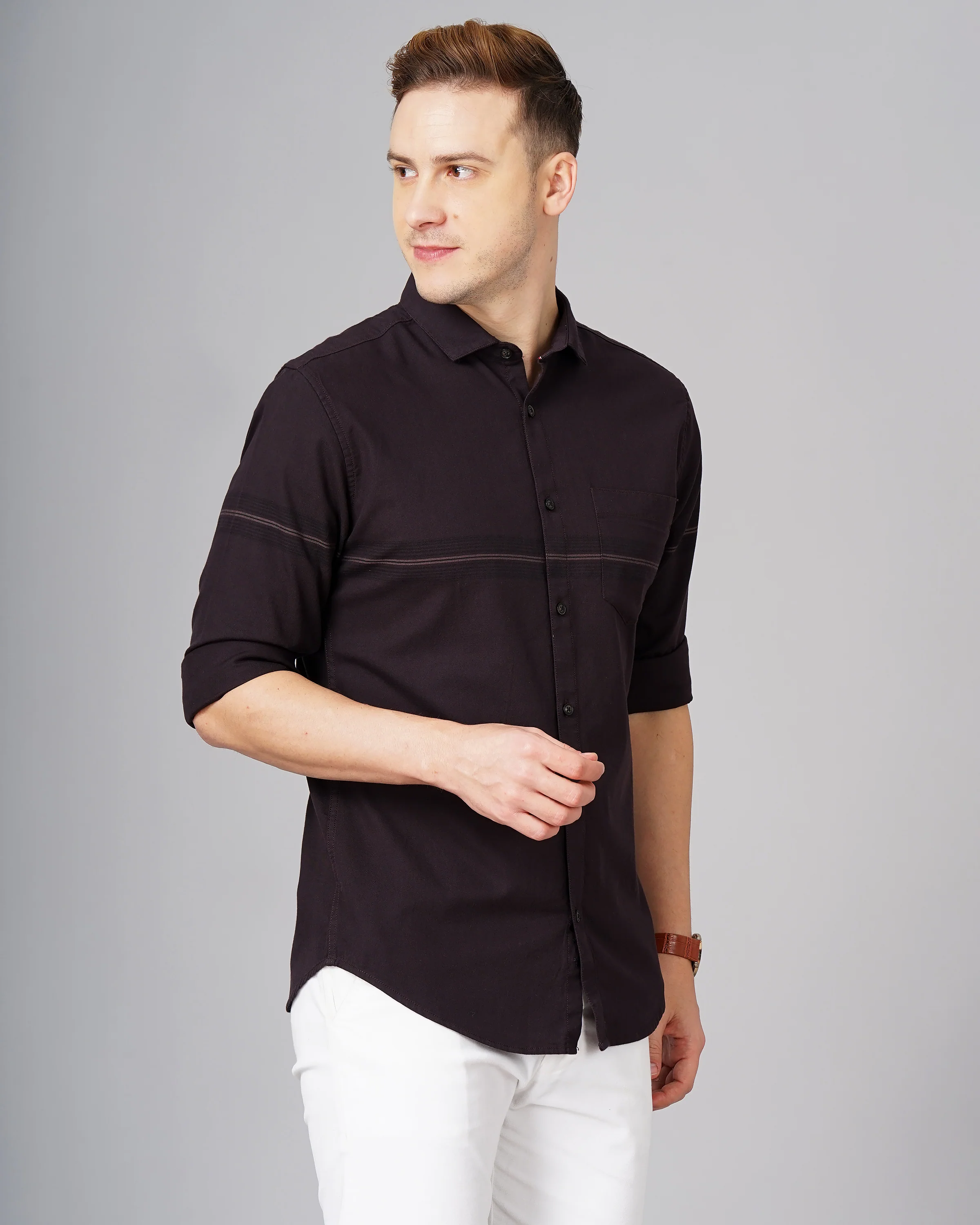 Men Brown Cotton Slim Shirt - Image 3