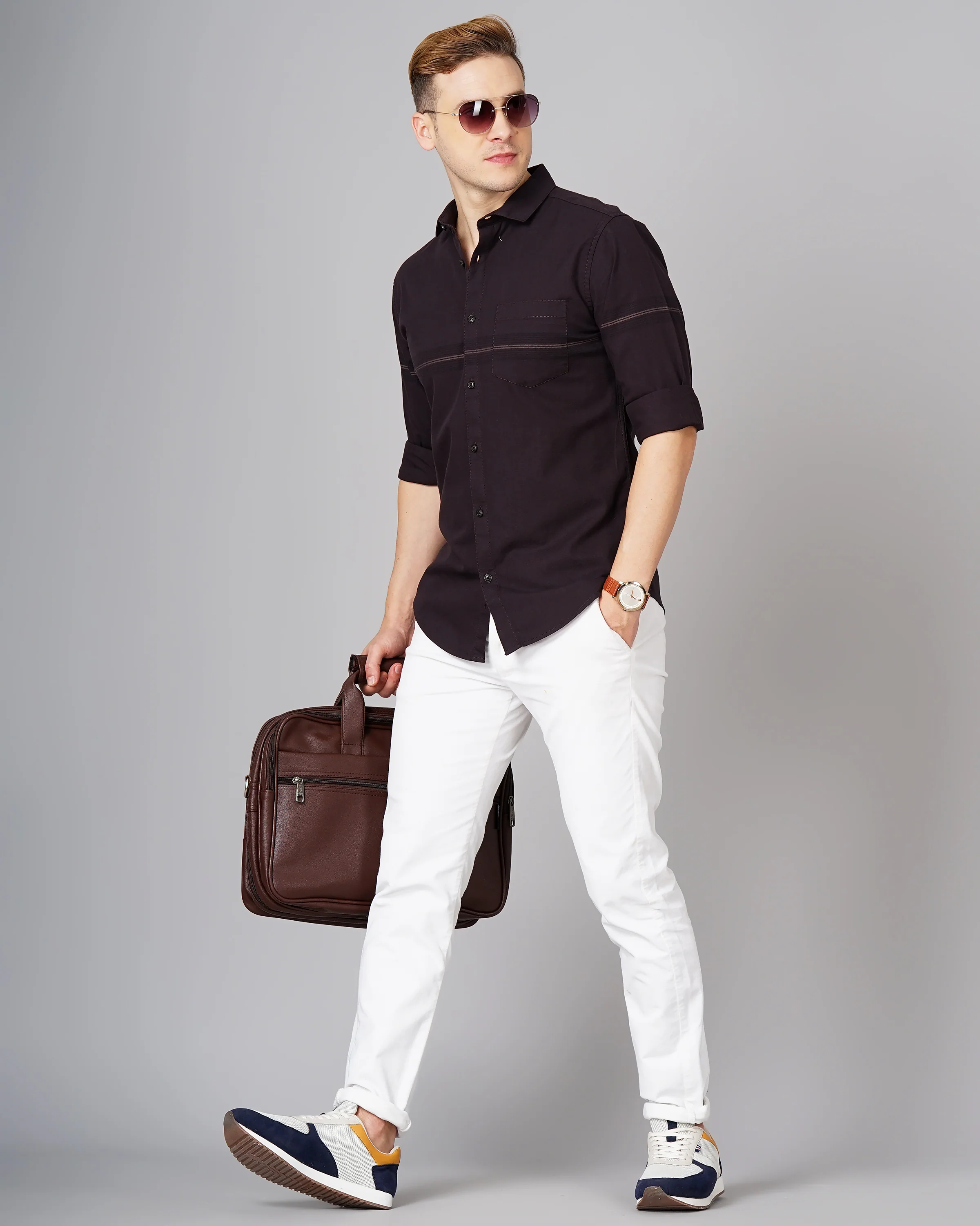 Men Brown Cotton Slim Shirt - Image 7