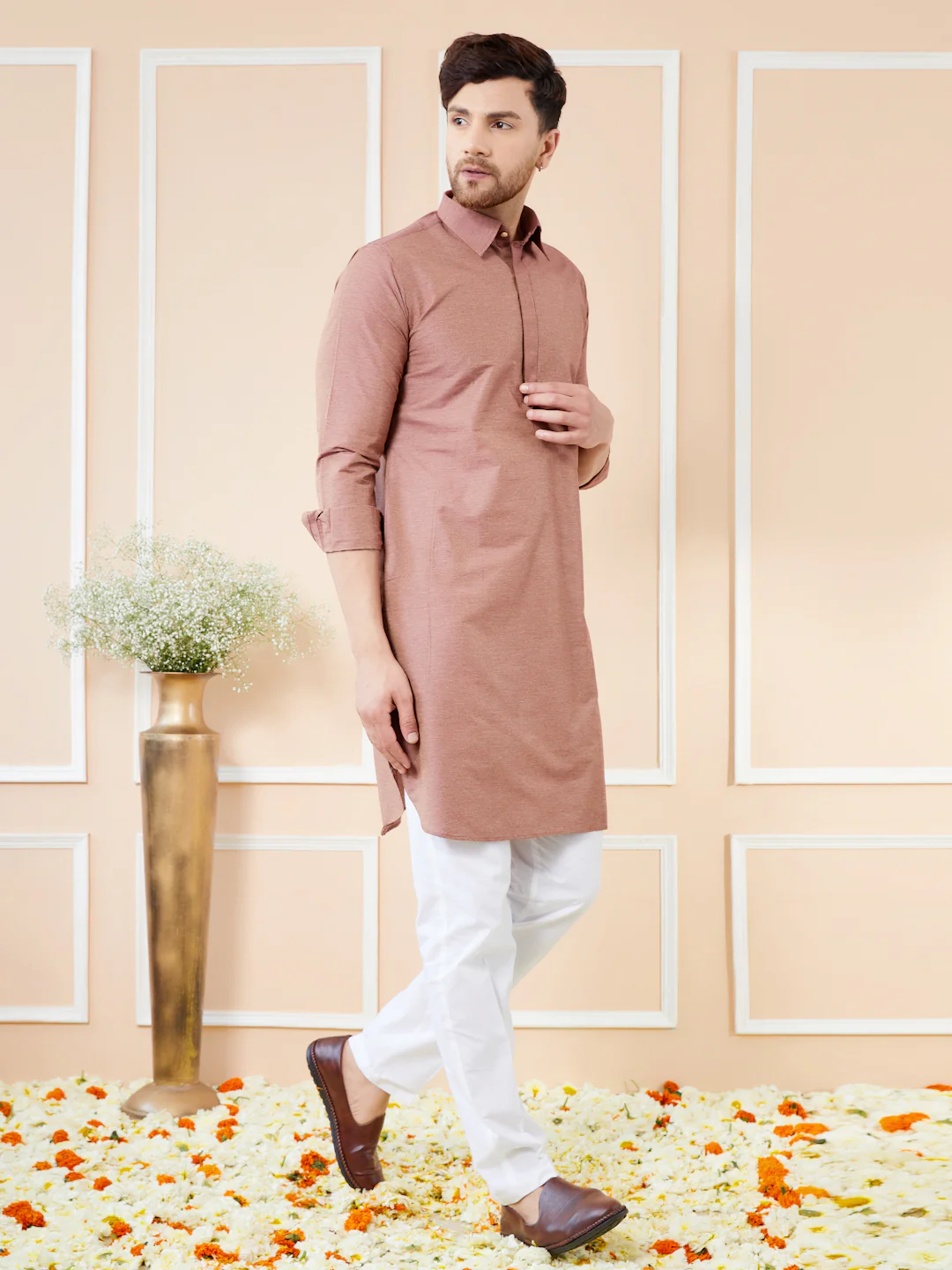 Men Brown Cotton Solid Pathani Kurta - Image 3