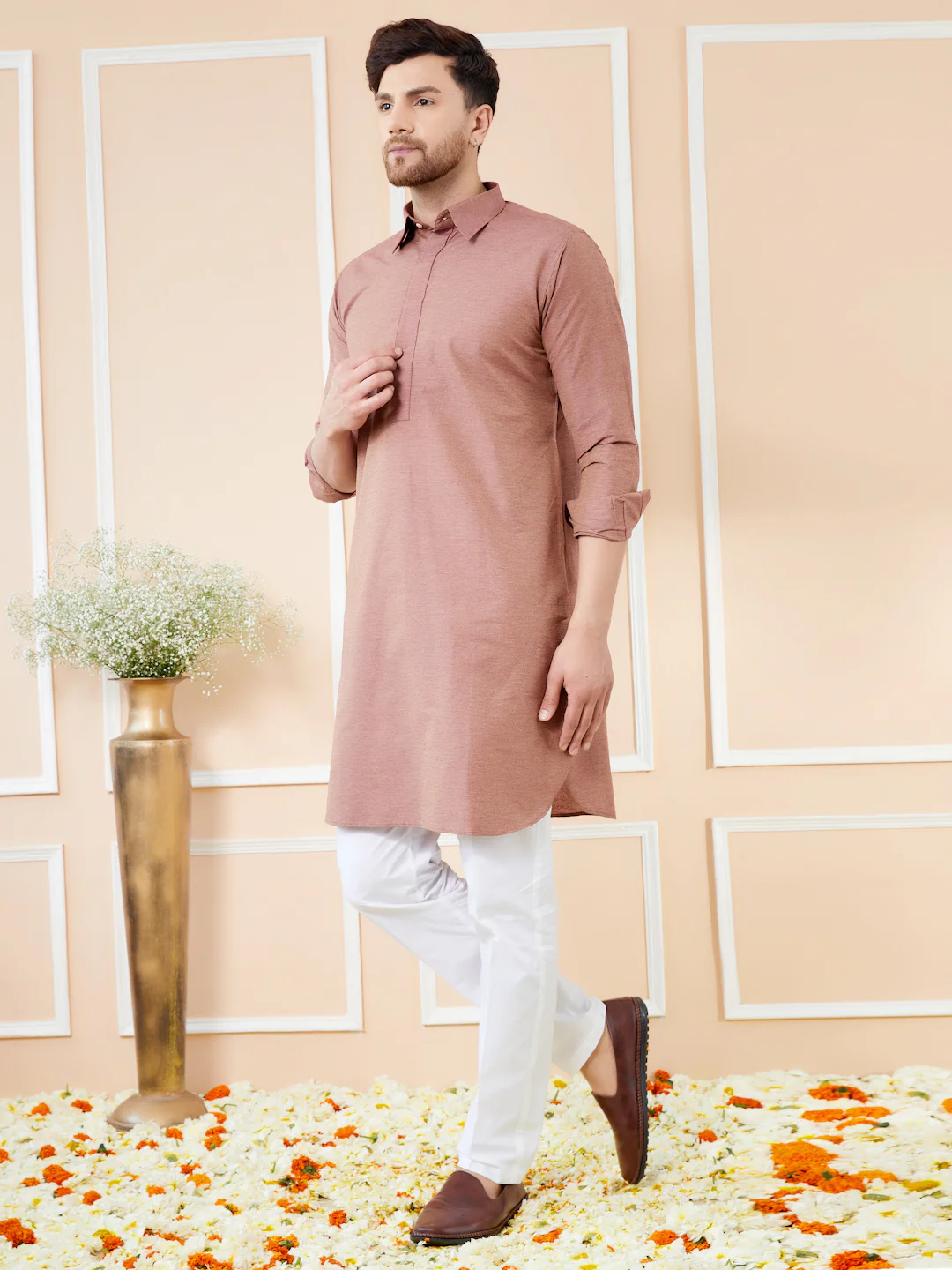 Men Brown Cotton Solid Pathani Kurta - Image 4