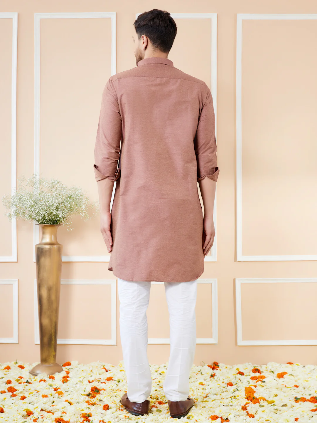 Men Brown Cotton Solid Pathani Kurta - Image 5