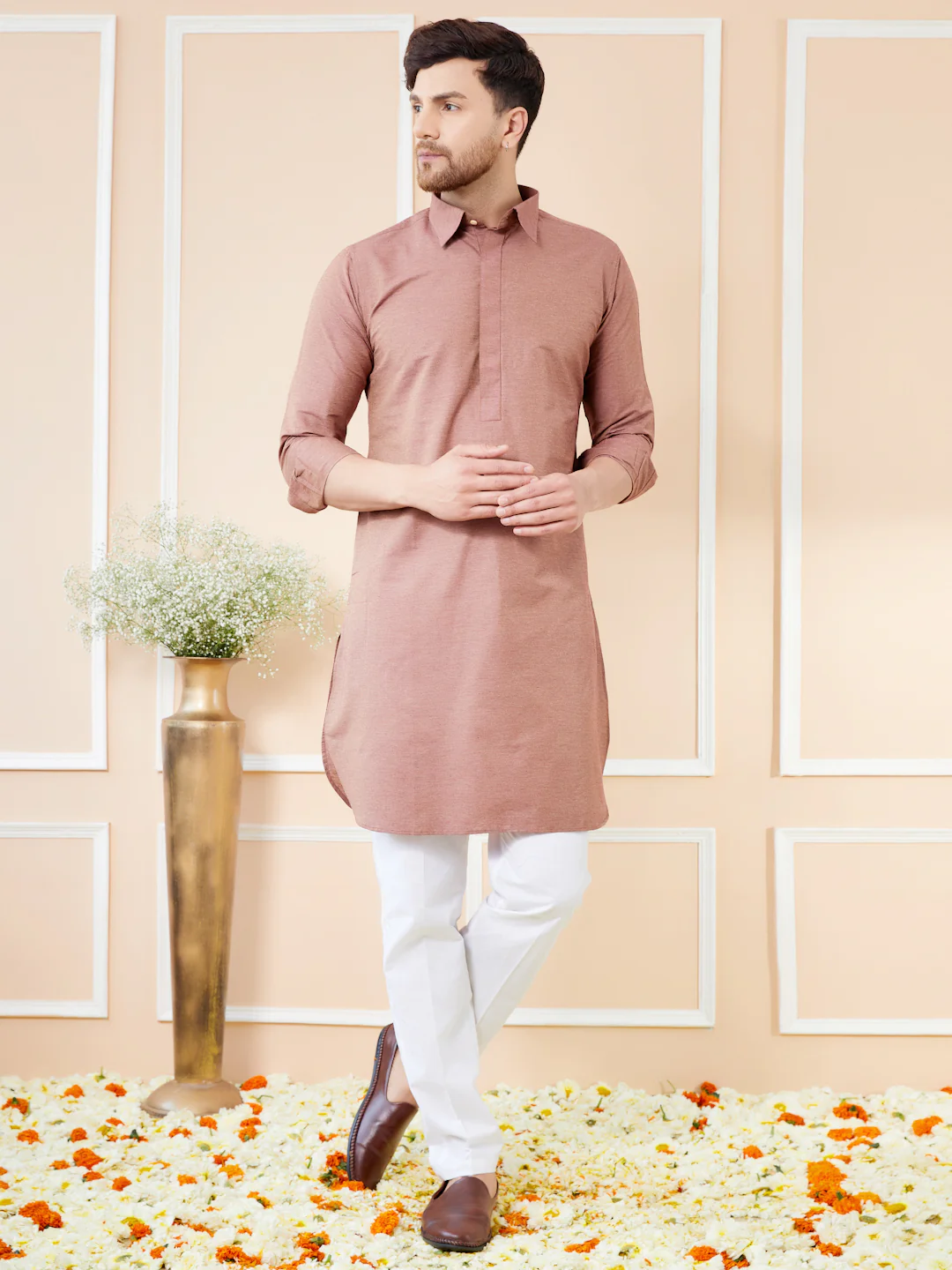 Men Brown Cotton Solid Pathani Kurta - Image 6