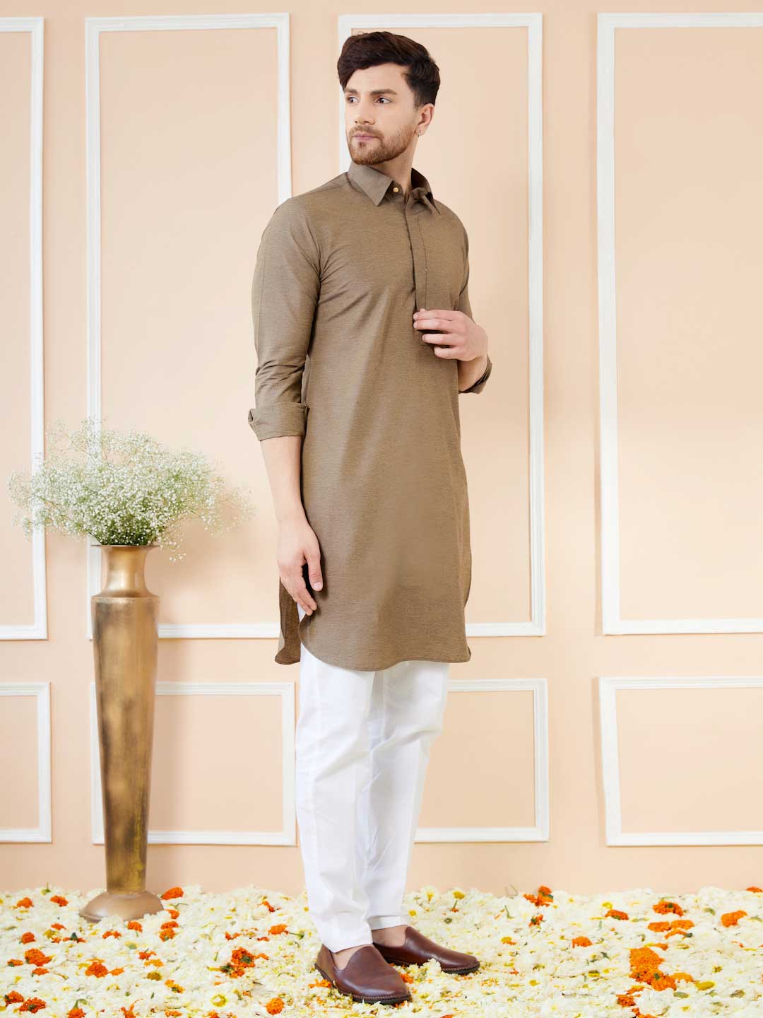 Men Brown Cotton Solid Pathani Kurta - Image 2