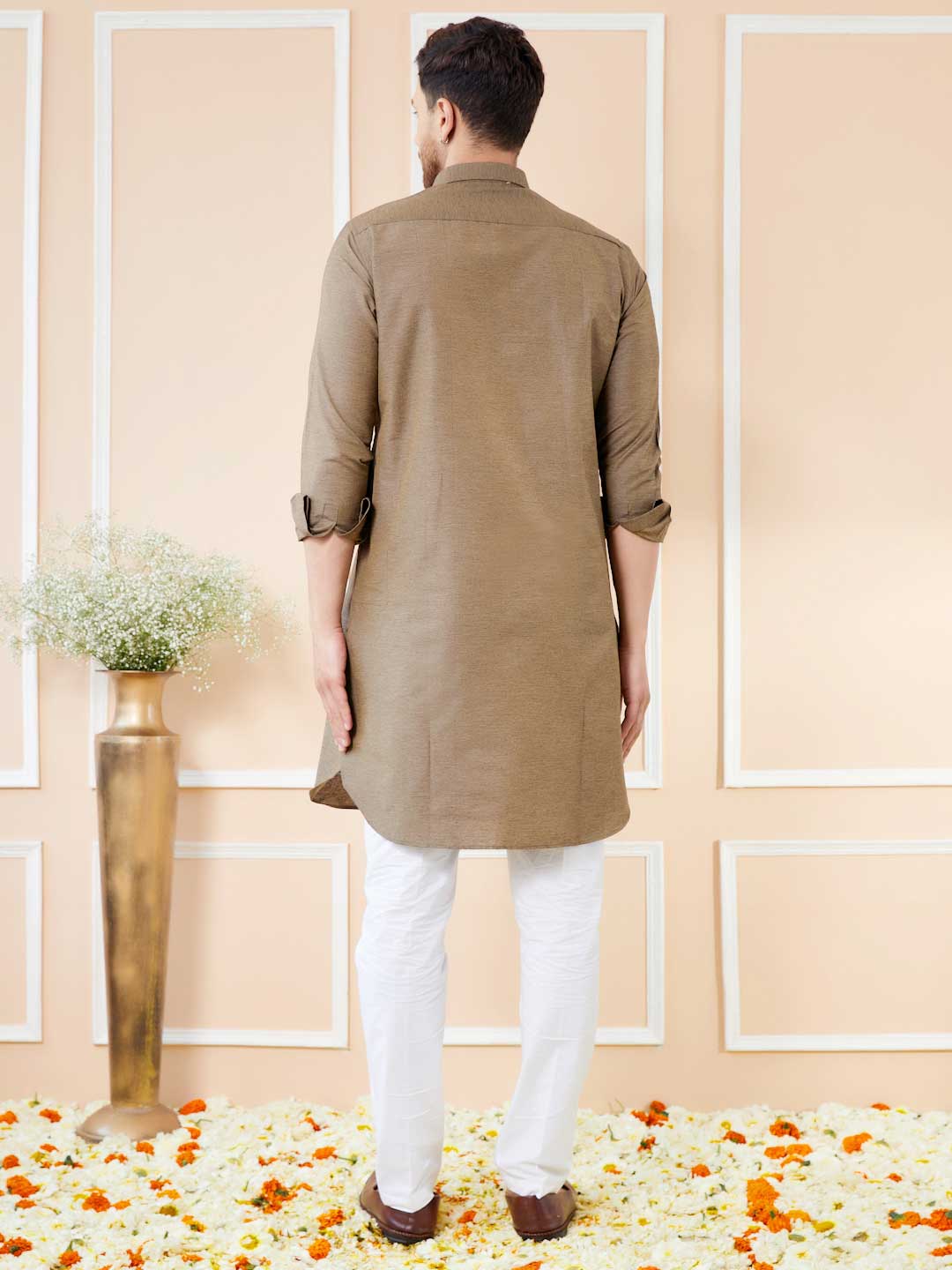 Men Brown Cotton Solid Pathani Kurta - Image 3