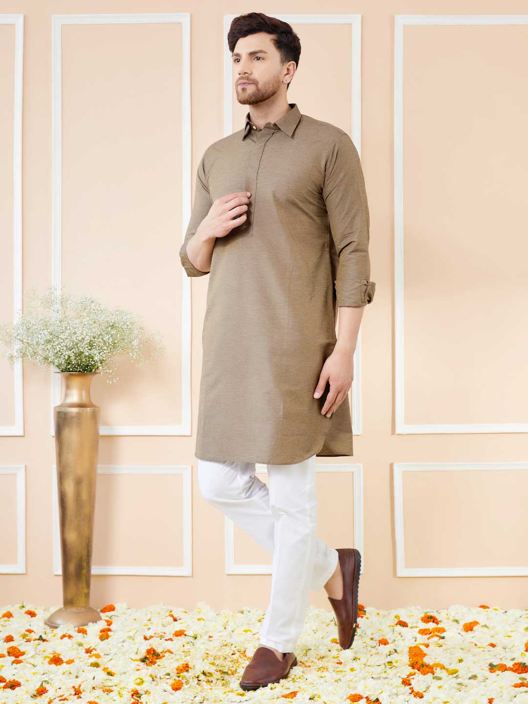 Men Brown Cotton Solid Pathani Kurta - Image 4