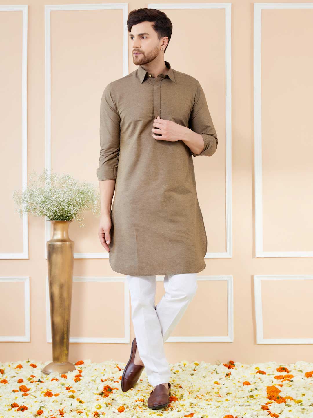 Men Brown Cotton Solid Pathani Kurta - Image 5