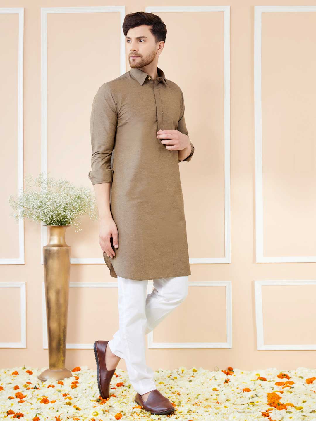 Men Brown Cotton Solid Pathani Kurta - Image 7