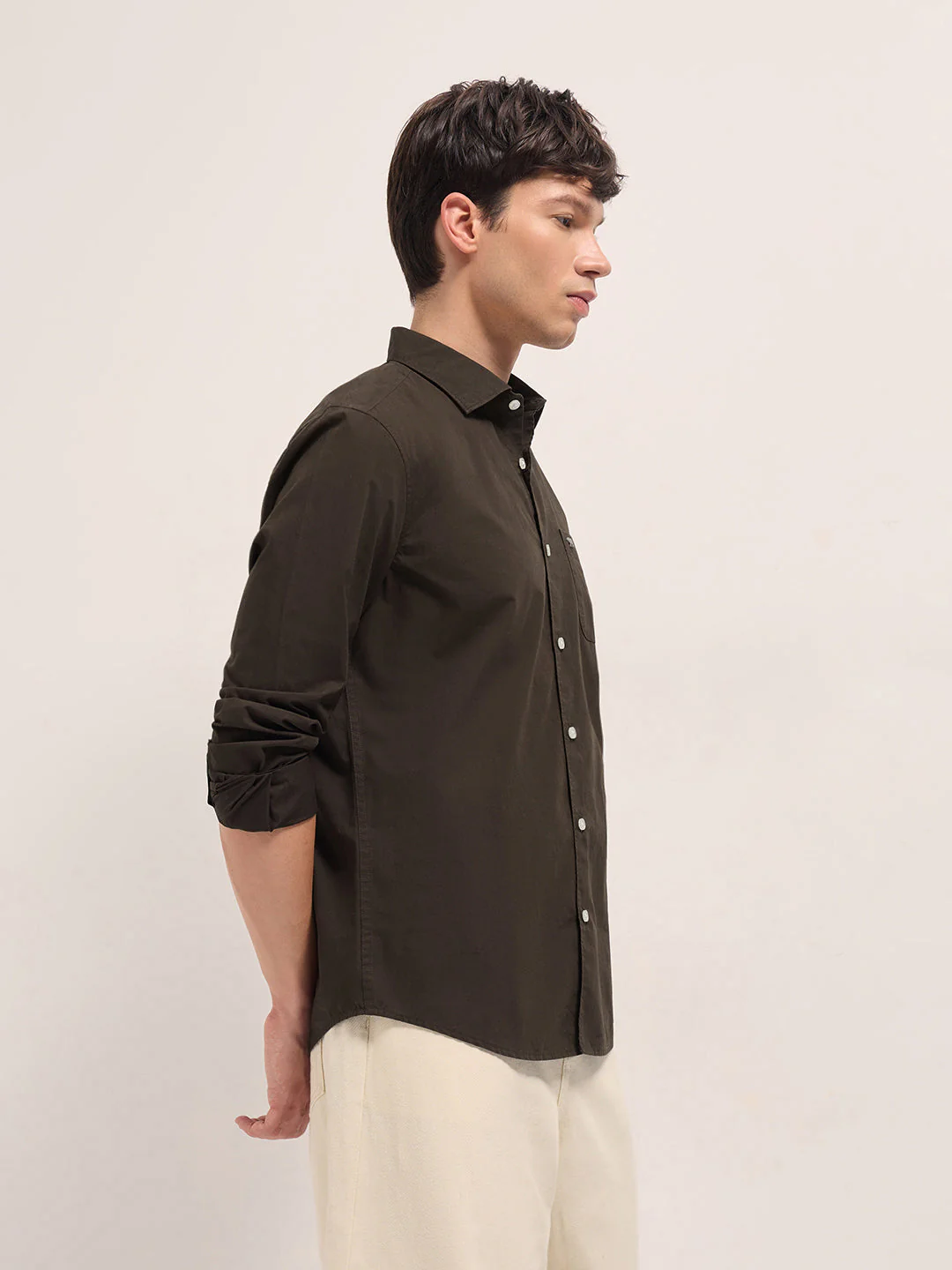 Men Brown Cotton Solid Slim Fit Casual Shirt - Image 3