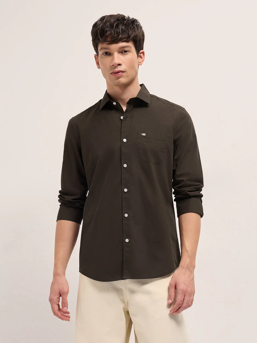 Men Brown Cotton Solid Slim Fit Casual Shirt - Image 6
