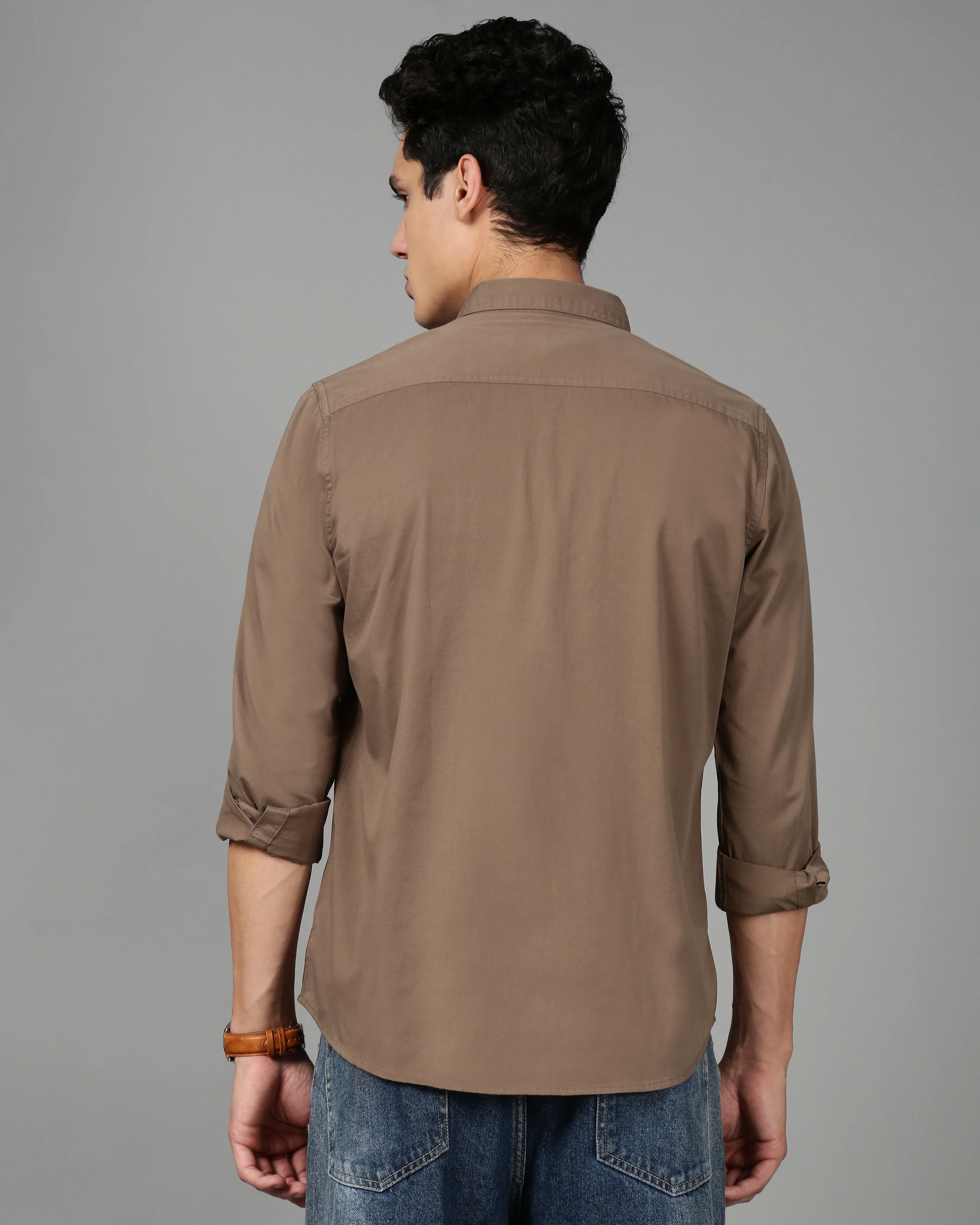 Men Brown Cotton Twill Shirt - Image 2
