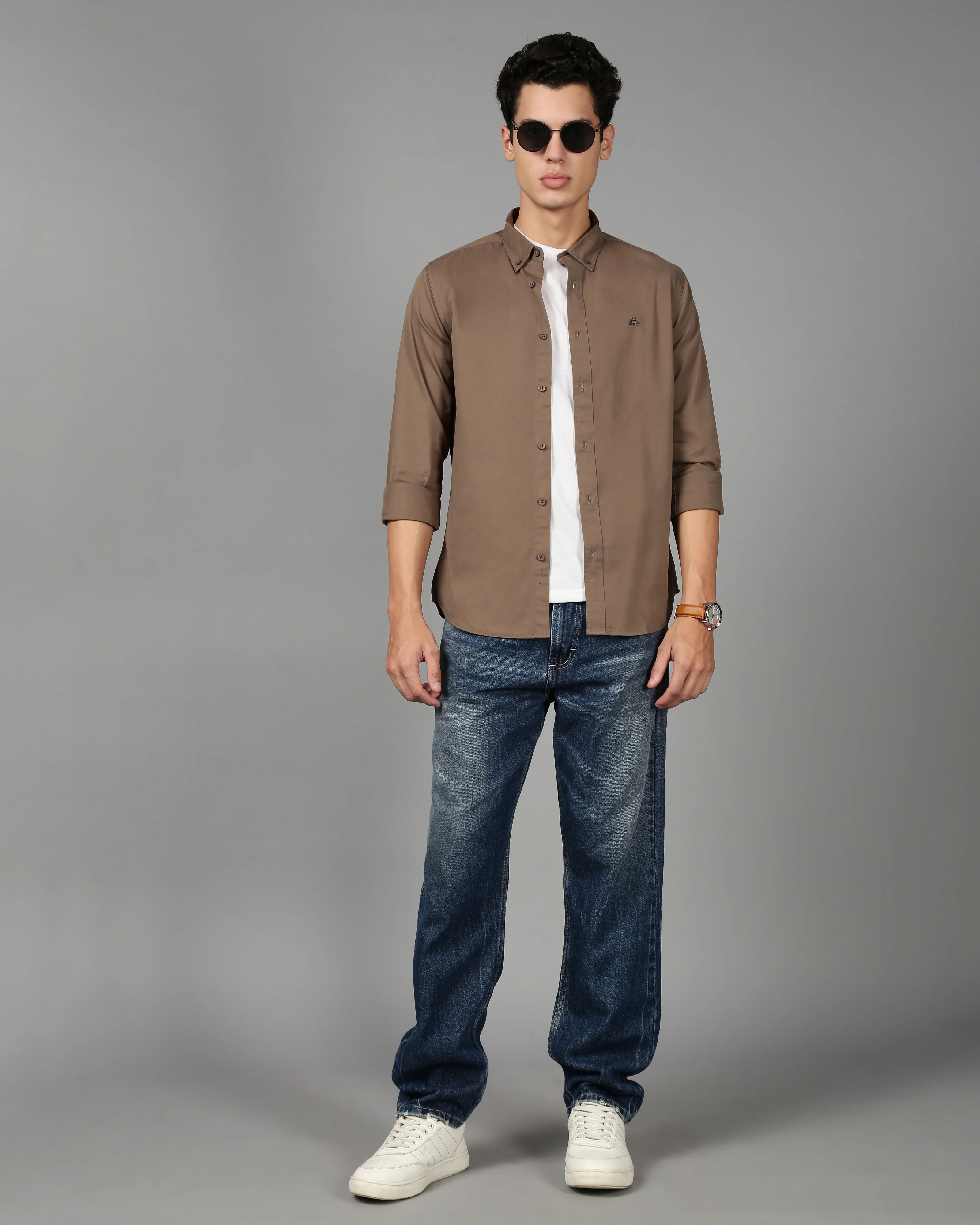 Men Brown Cotton Twill Shirt - Image 4