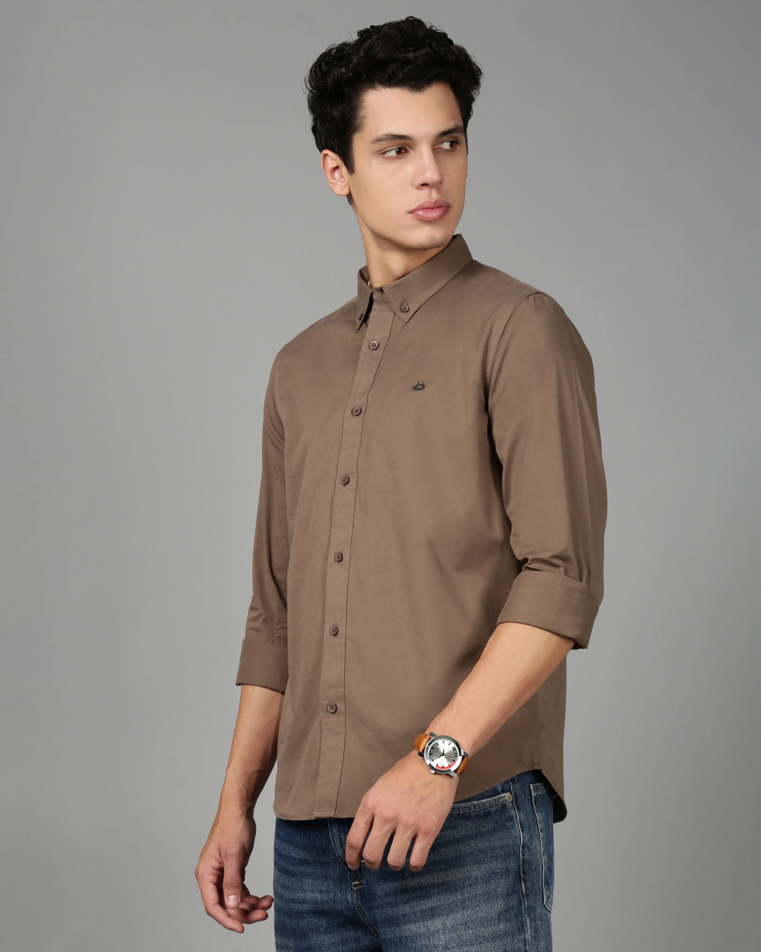 Men Brown Cotton Twill Shirt - Image 5
