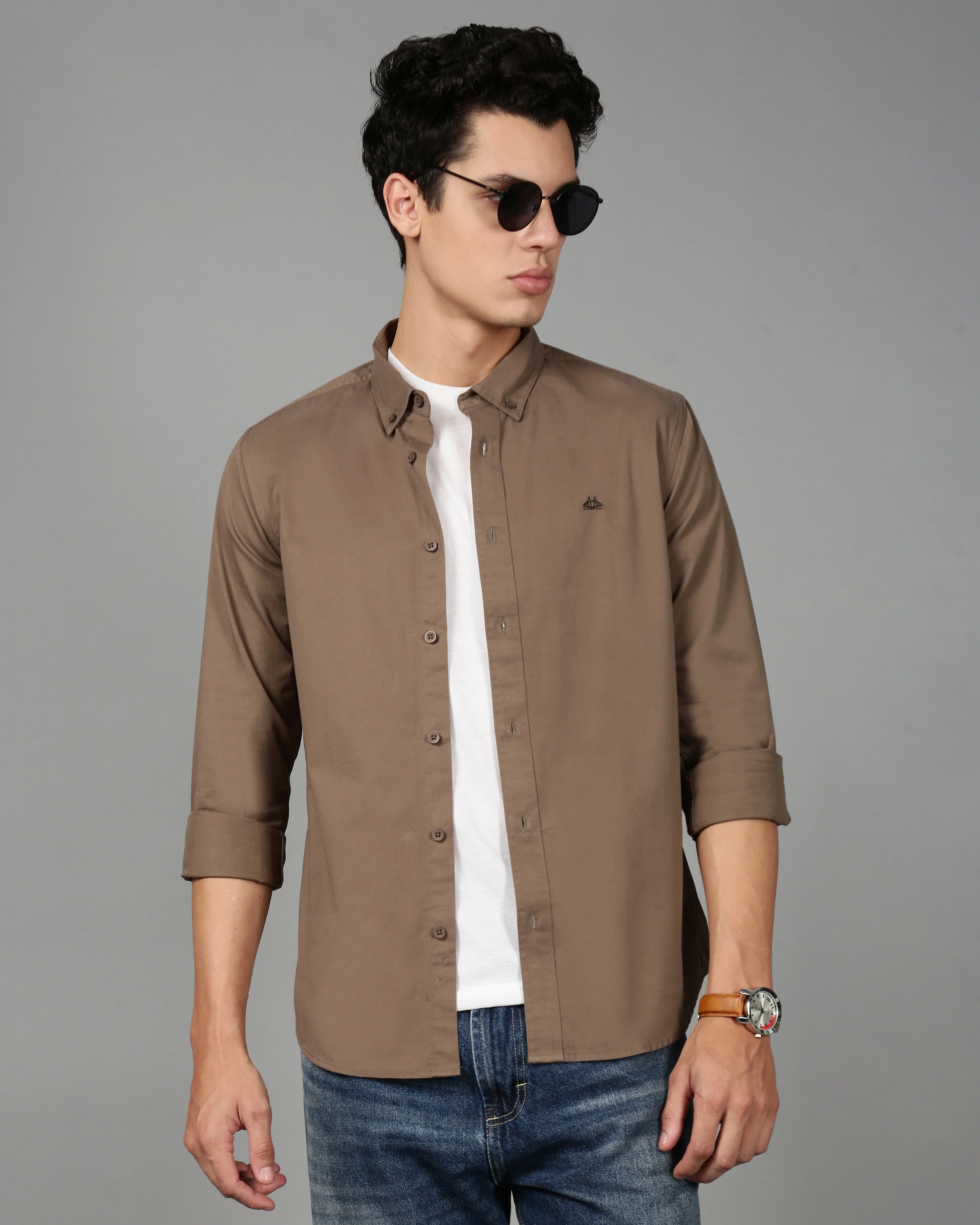 Men Brown Cotton Twill Shirt - Image 6