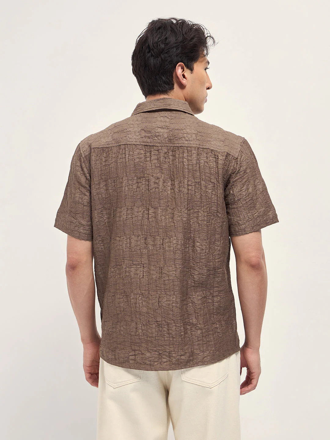 Men Brown Crinkle Textured Regular Fit Half-Sleeve Casual Shirt - Image 2