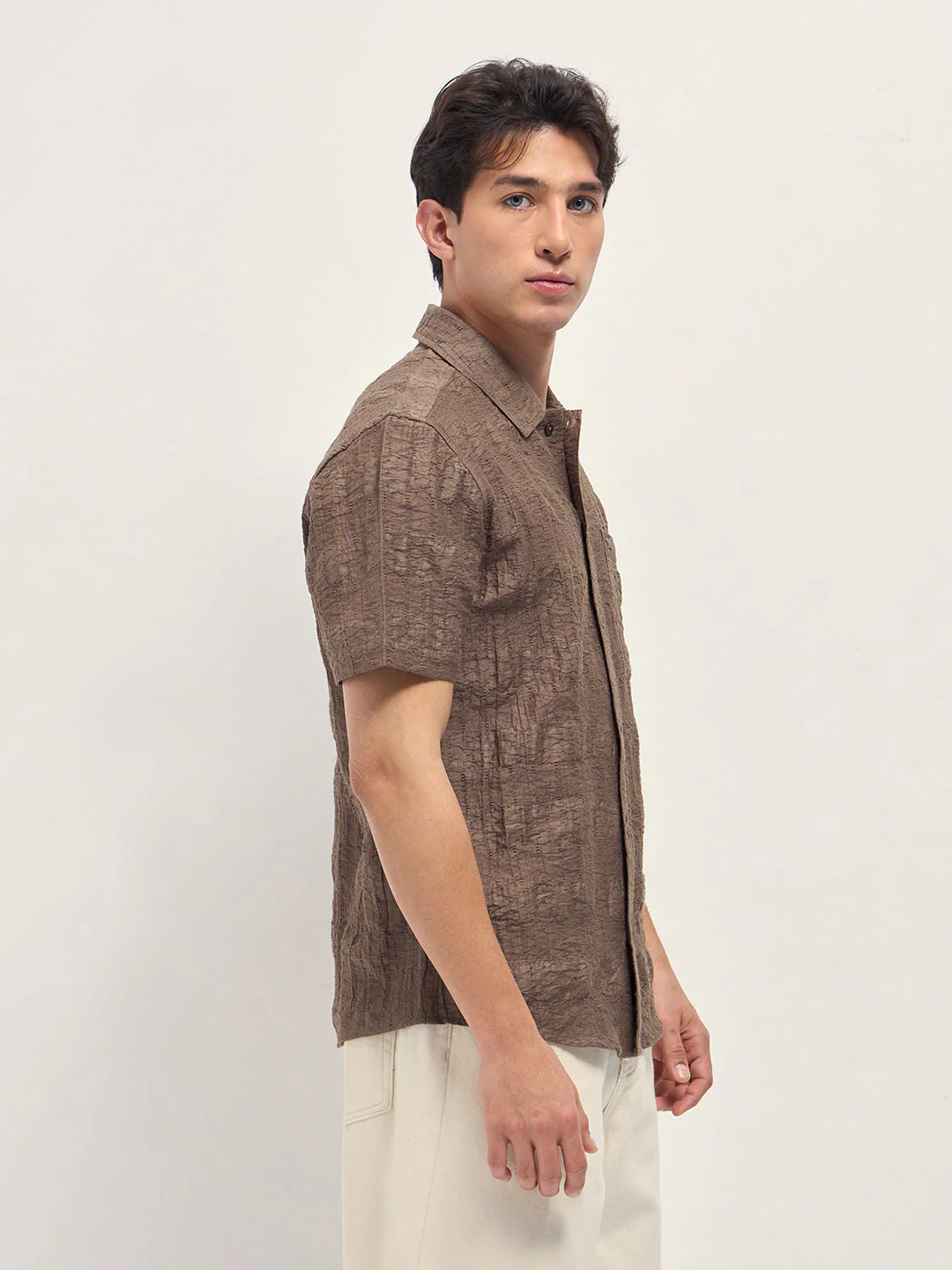 Men Brown Crinkle Textured Regular Fit Half-Sleeve Casual Shirt - Image 3