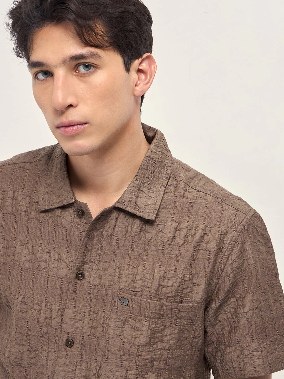 Men Brown Crinkle Textured Regular Fit Half-Sleeve Casual Shirt - Image 5