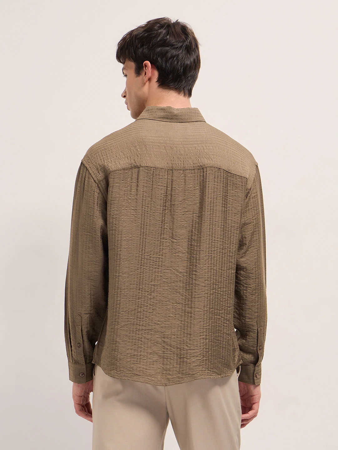 Men Brown Crinkled Stripe Textured Relaxed Fit Long Sleeve Shirt - Image 2