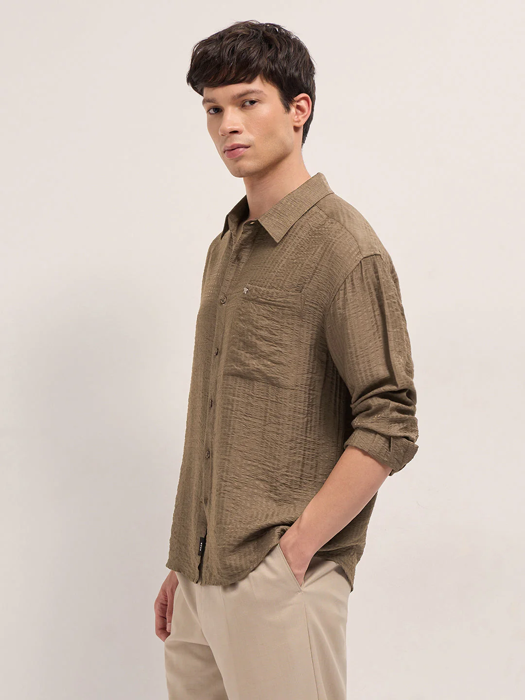 Men Brown Crinkled Stripe Textured Relaxed Fit Long Sleeve Shirt - Image 3
