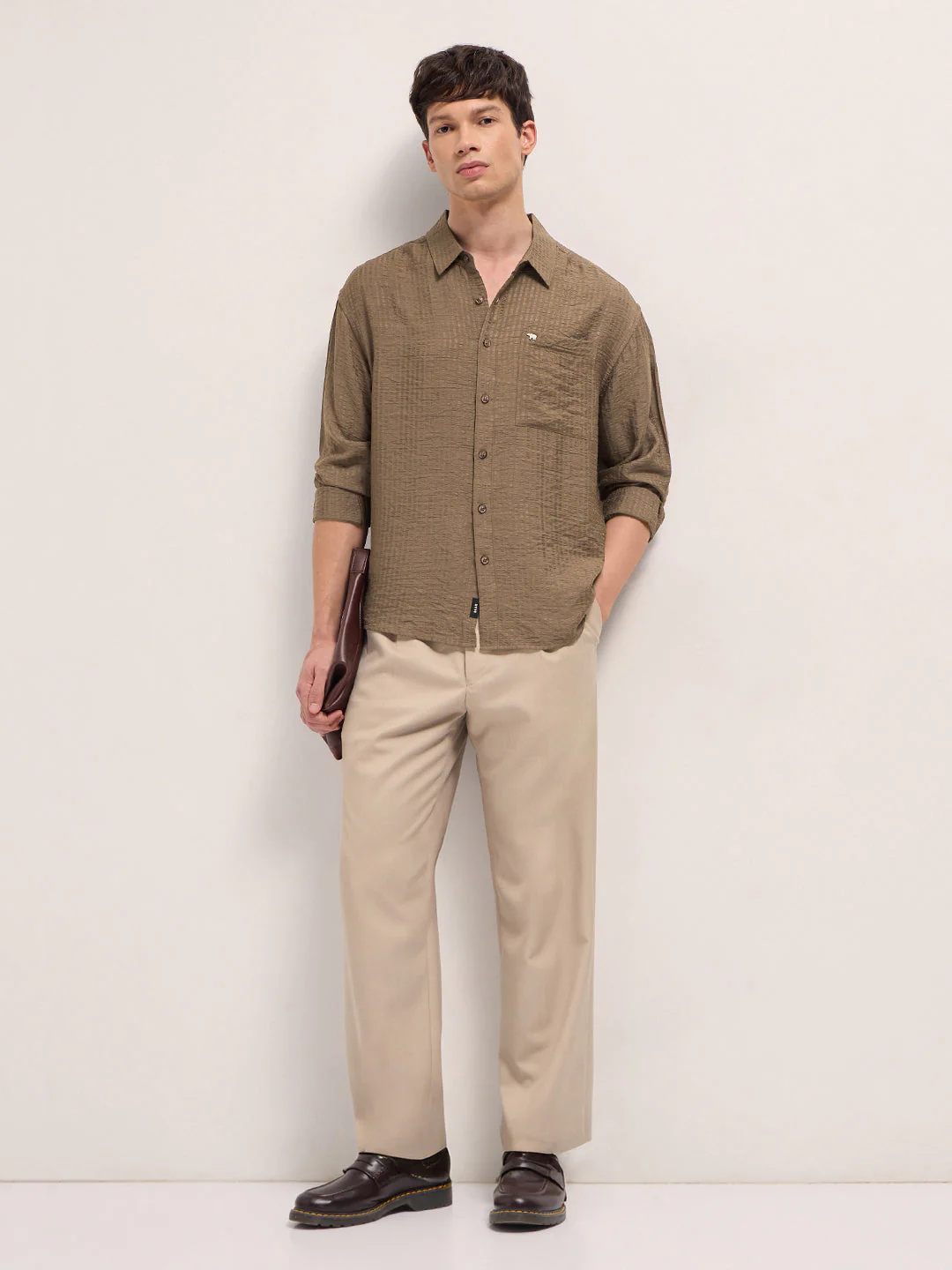 Men Brown Crinkled Stripe Textured Relaxed Fit Long Sleeve Shirt - Image 4