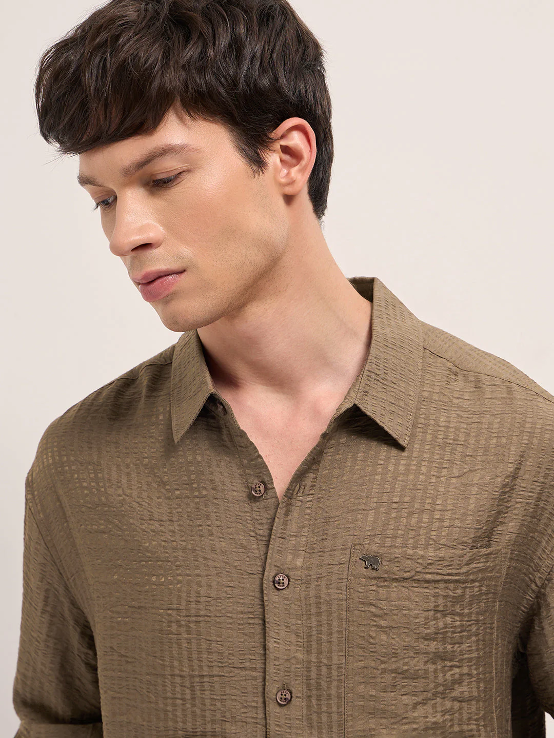 Men Brown Crinkled Stripe Textured Relaxed Fit Long Sleeve Shirt - Image 5