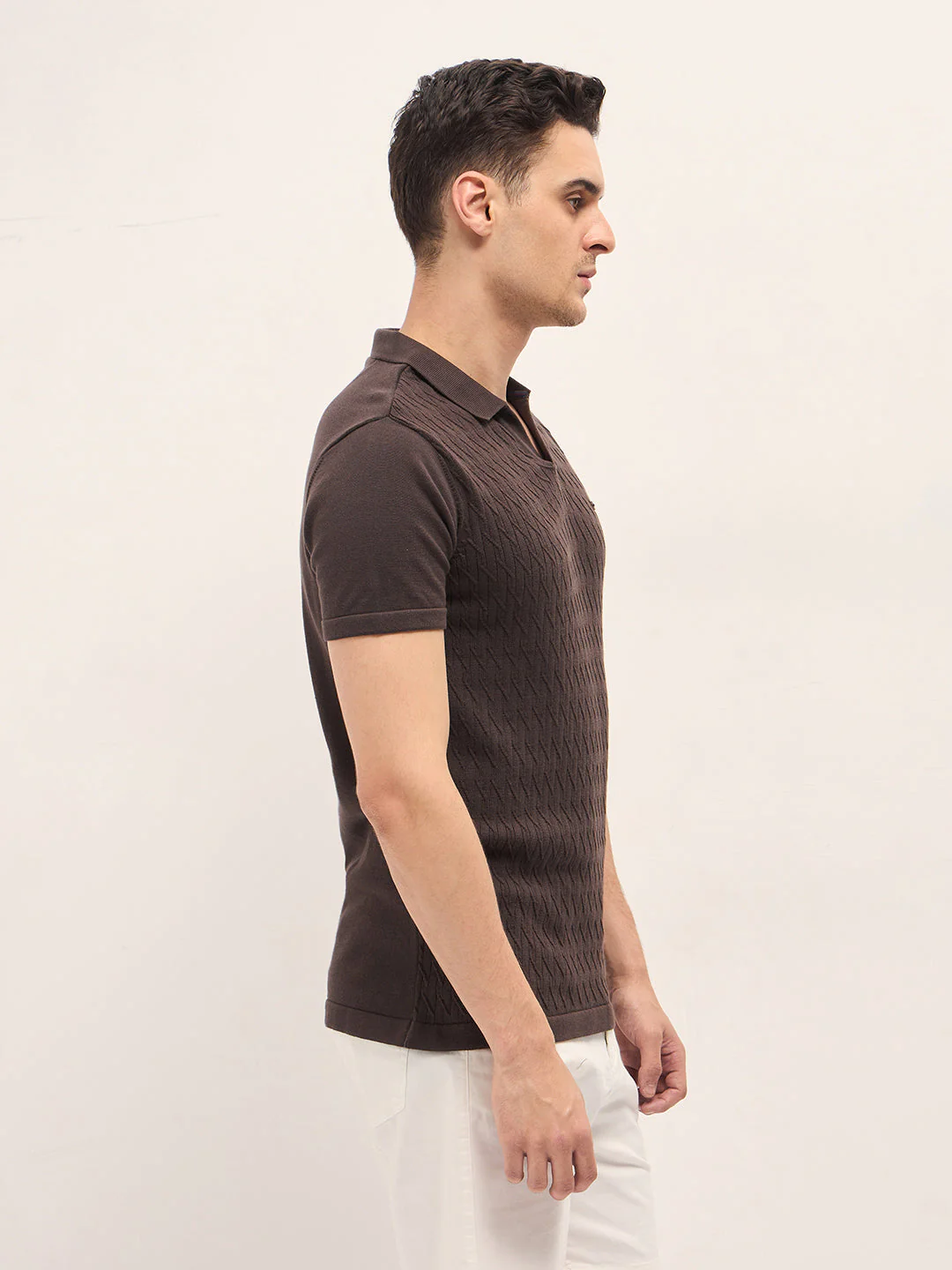 Men Brown Diagonal Knit Texture Regular Fit Polo - Image 3