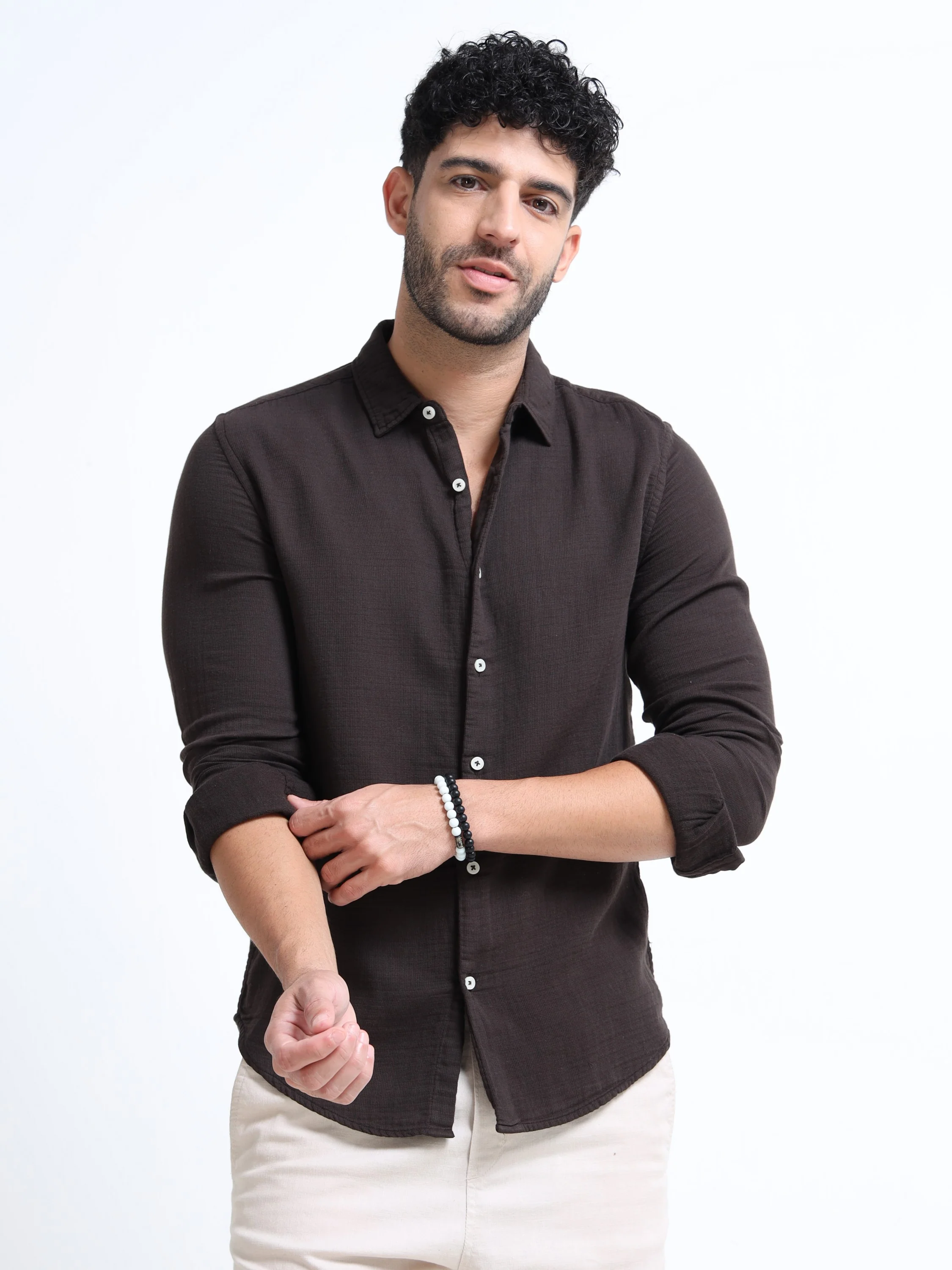Men Brown Double Cloth Shirt - Image 2