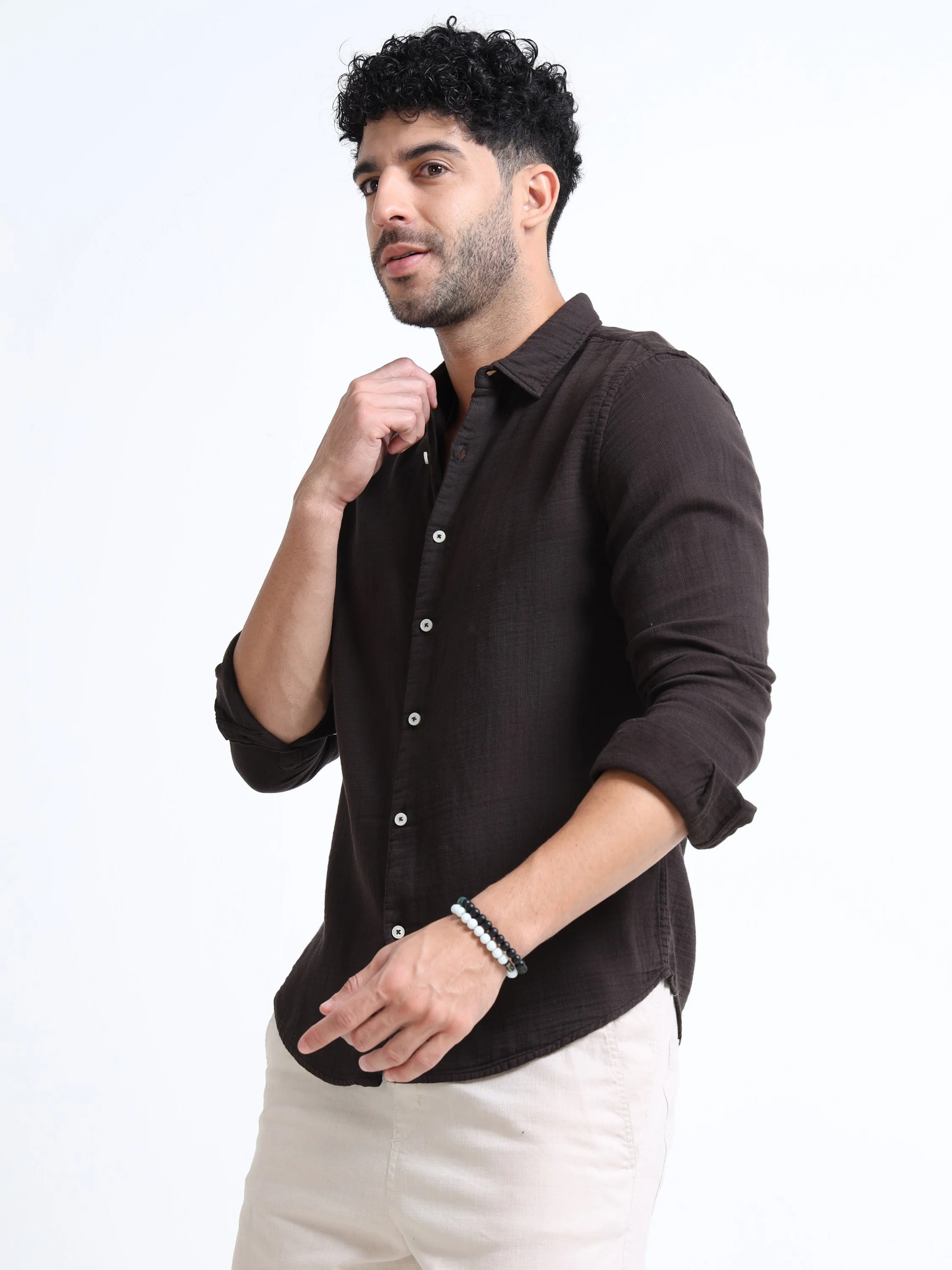 Men Brown Double Cloth Shirt - Image 4