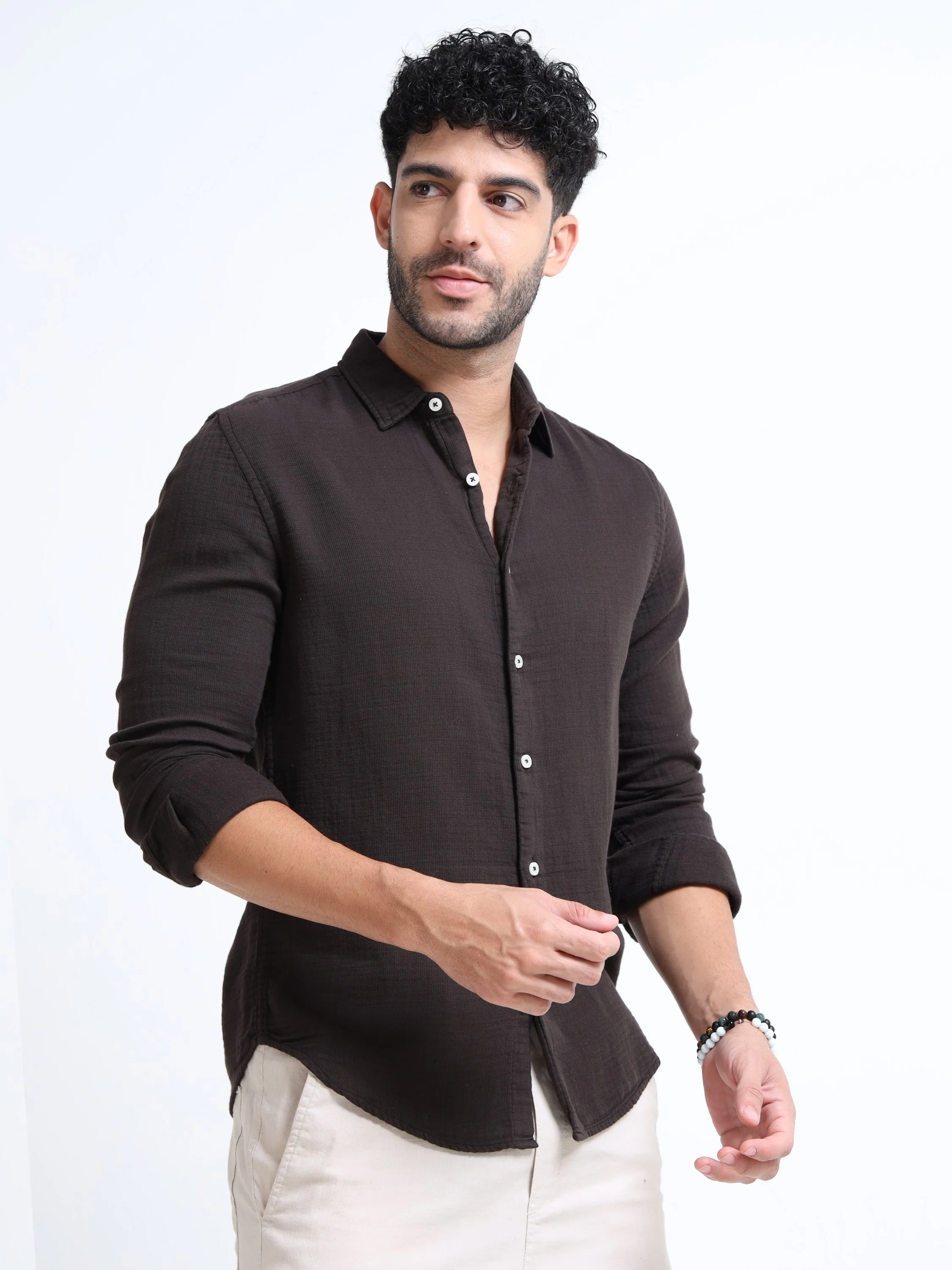 Men Brown Double Cloth Shirt - Image 5
