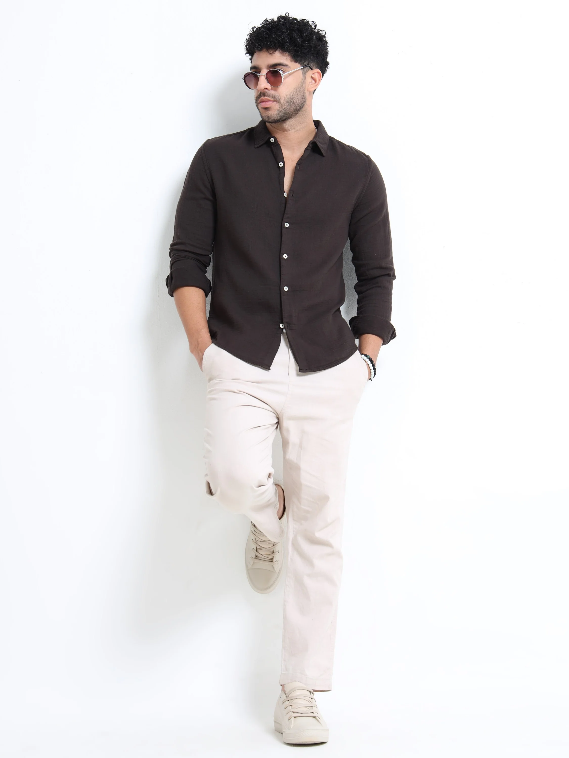 Men Brown Double Cloth Shirt - Image 8
