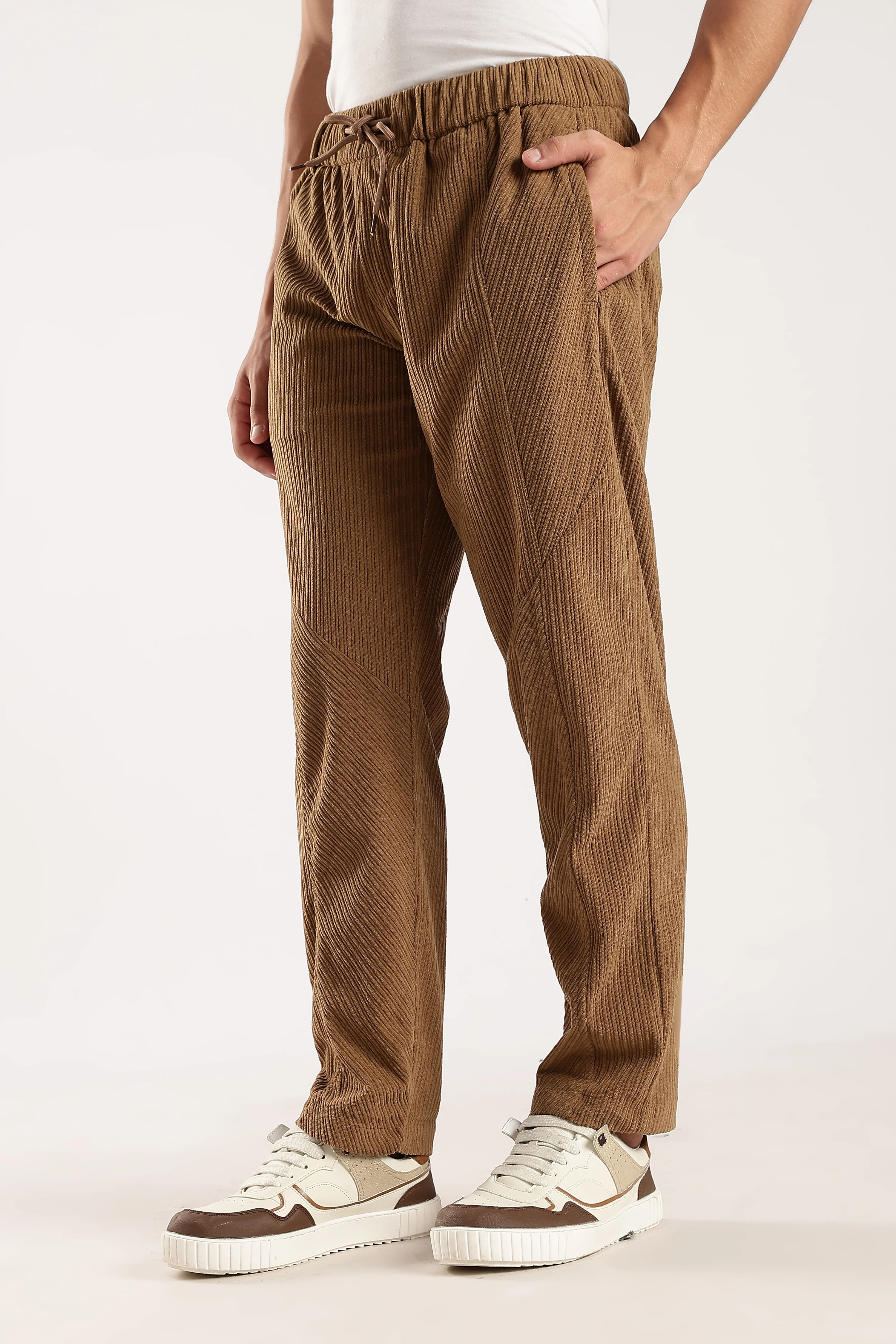 Men Brown Textured Drawcord Trousers - Image 7