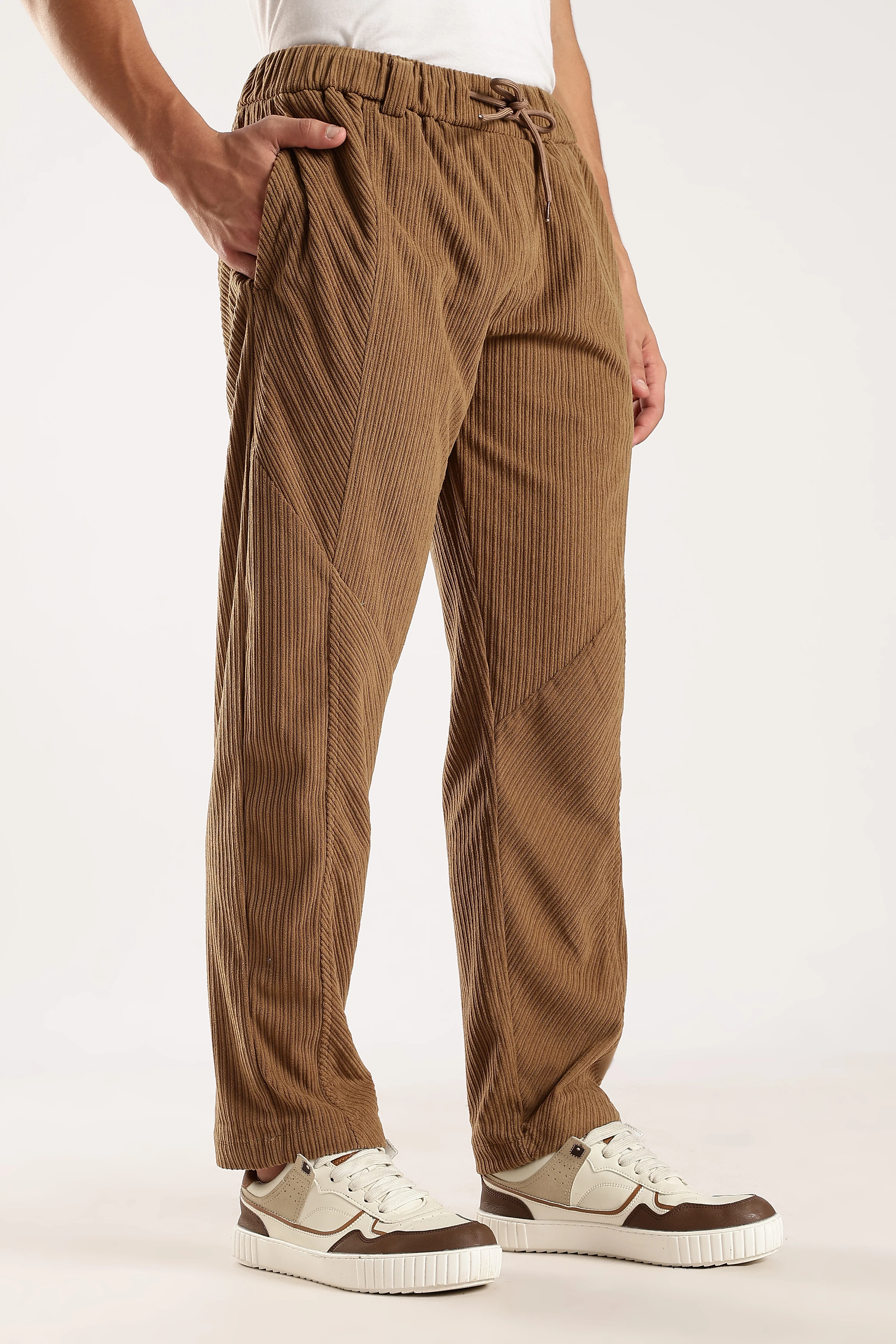 Men Brown Textured Drawcord Trousers - Image 8