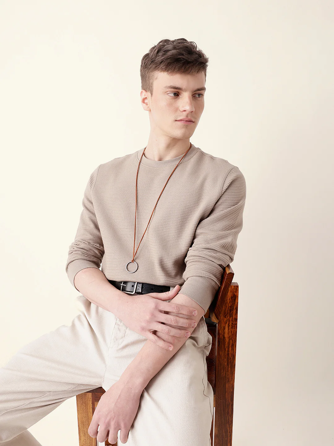 Men Brown Full Sleeve Regular T-Shirt