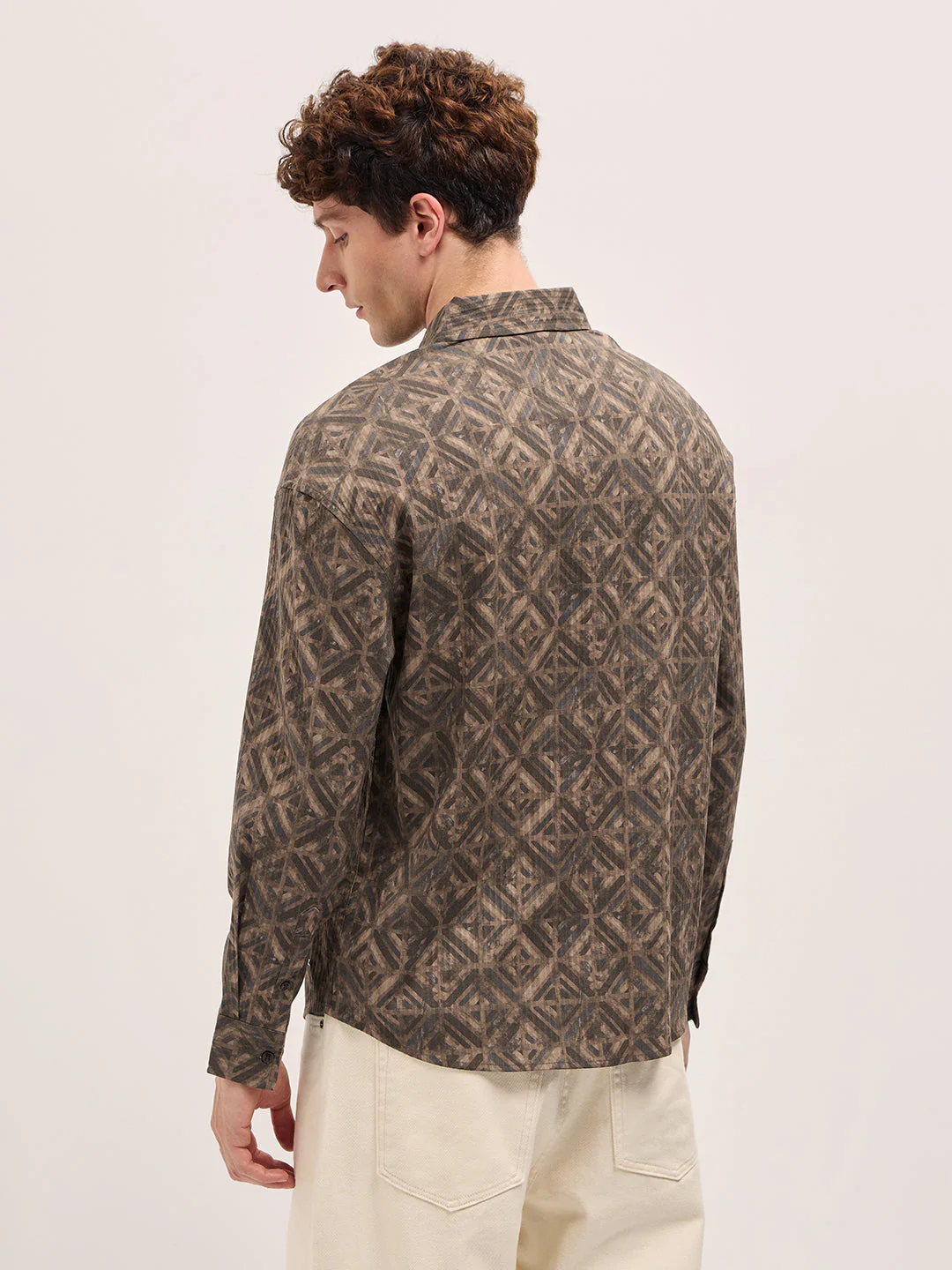 Men Brown Geometric Digital Print Relax Fit Casual Overshirt - Image 2