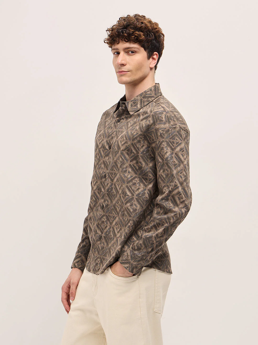 Men Brown Geometric Digital Print Relax Fit Casual Overshirt - Image 3