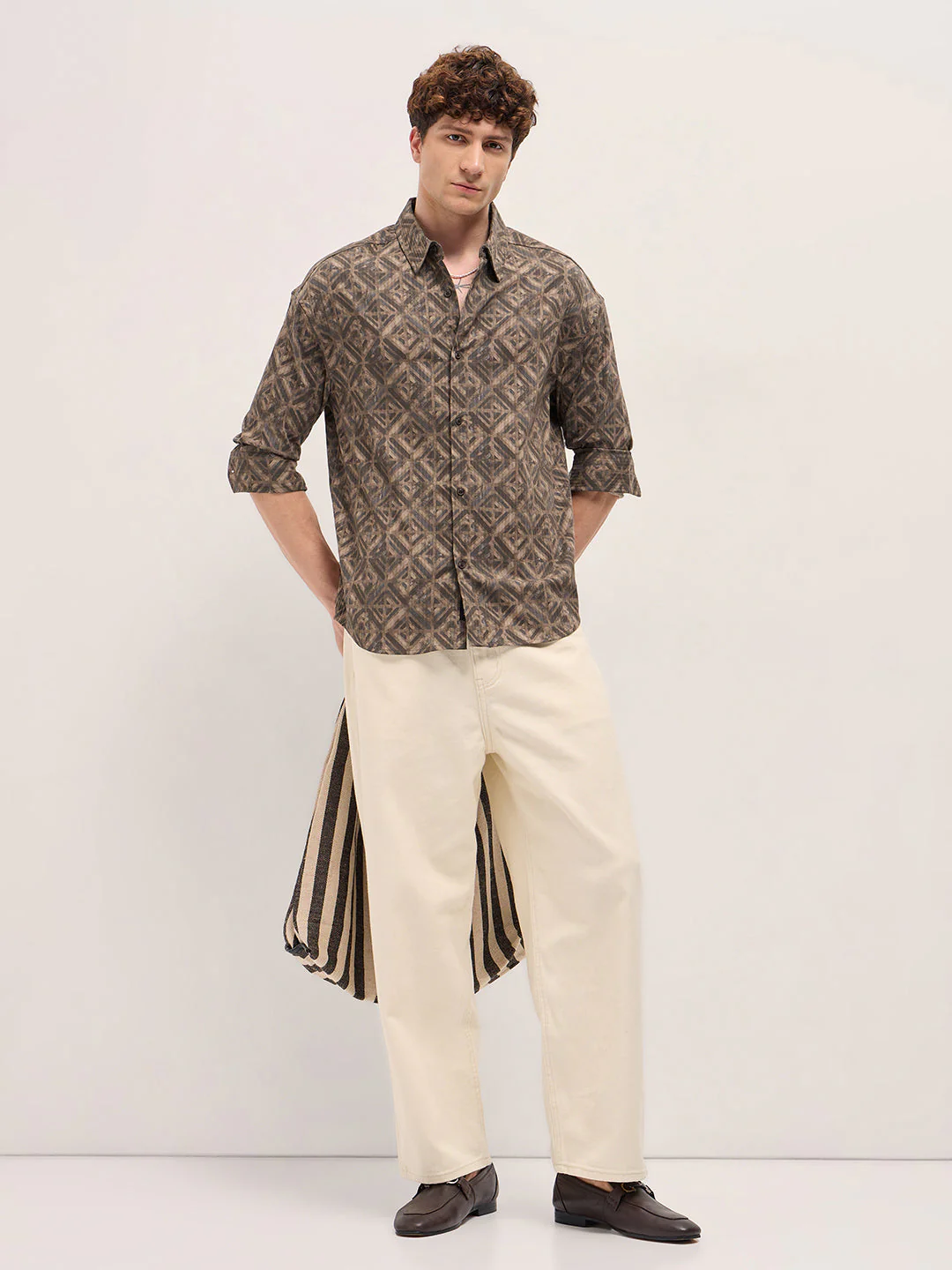 Men Brown Geometric Digital Print Relax Fit Casual Overshirt - Image 4