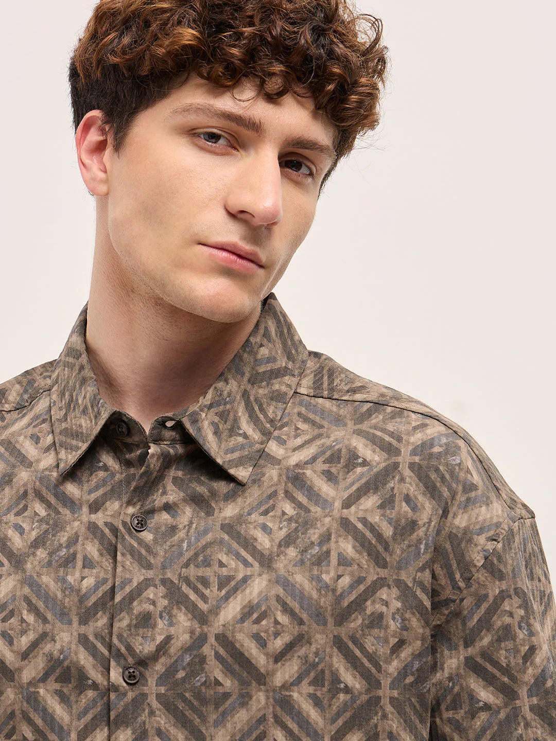 Men Brown Geometric Digital Print Relax Fit Casual Overshirt - Image 5