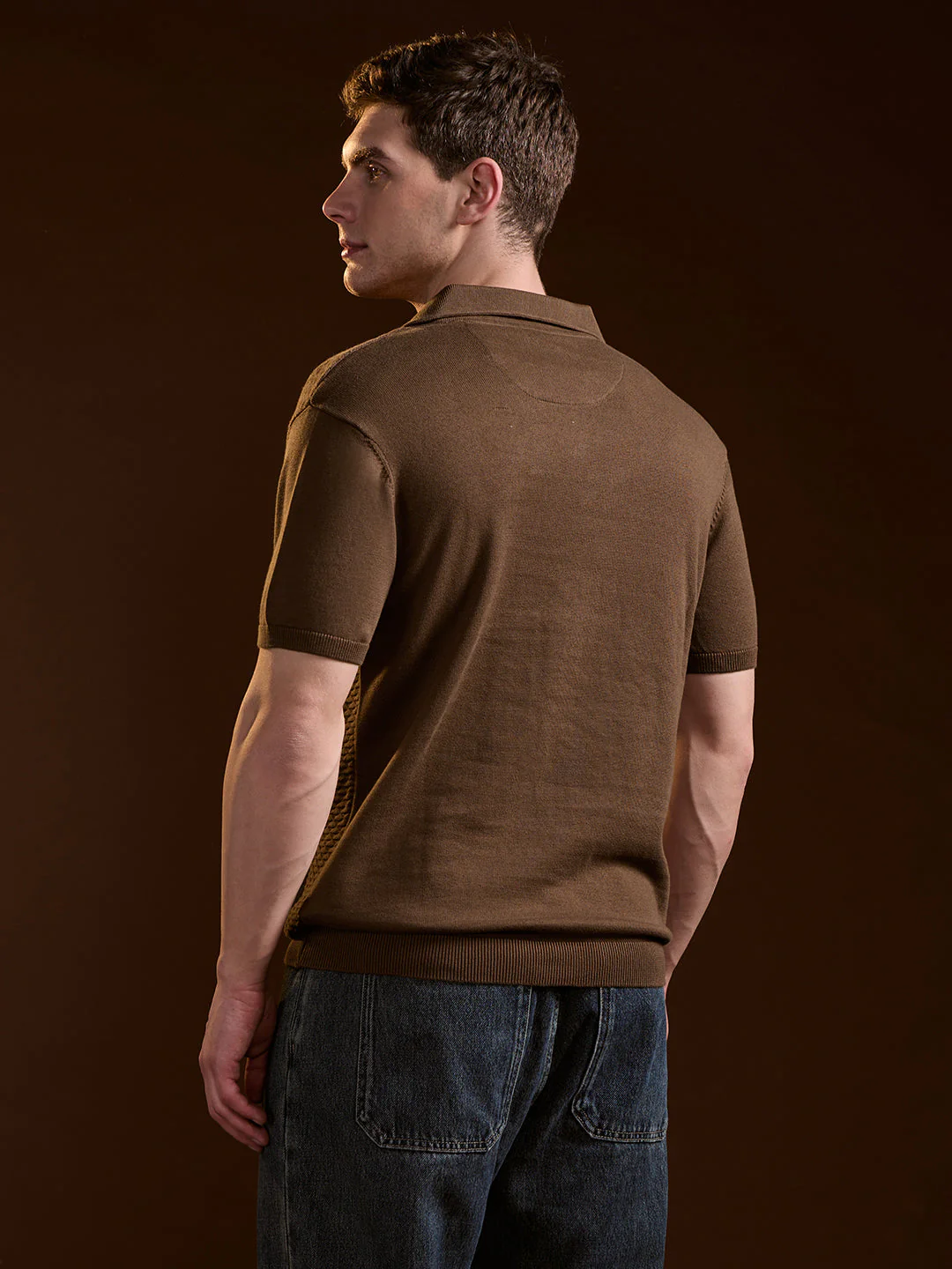 Men Brown Geometric textured Knit Slim Fit Polo - Image 2