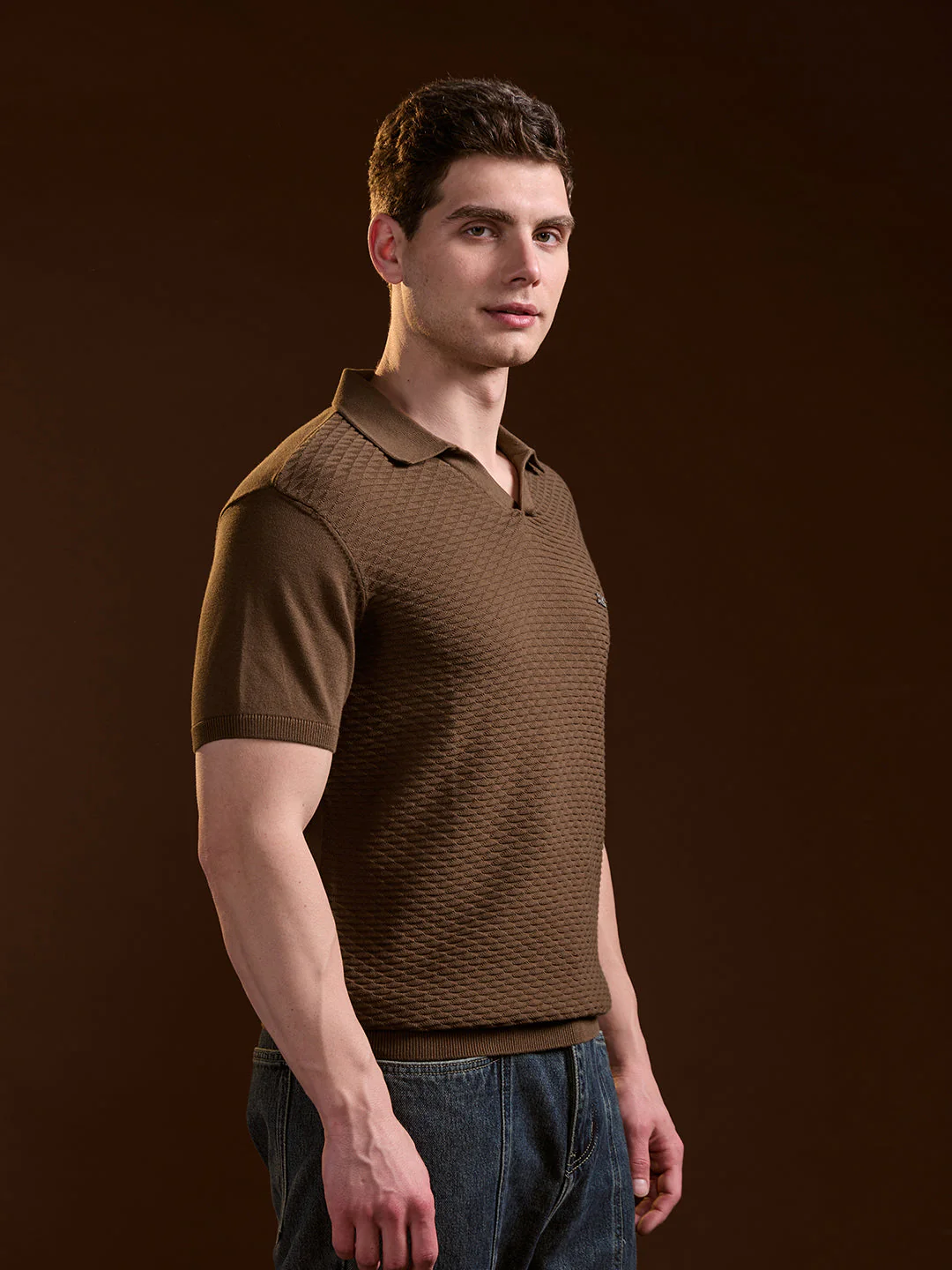 Men Brown Geometric textured Knit Slim Fit Polo - Image 3