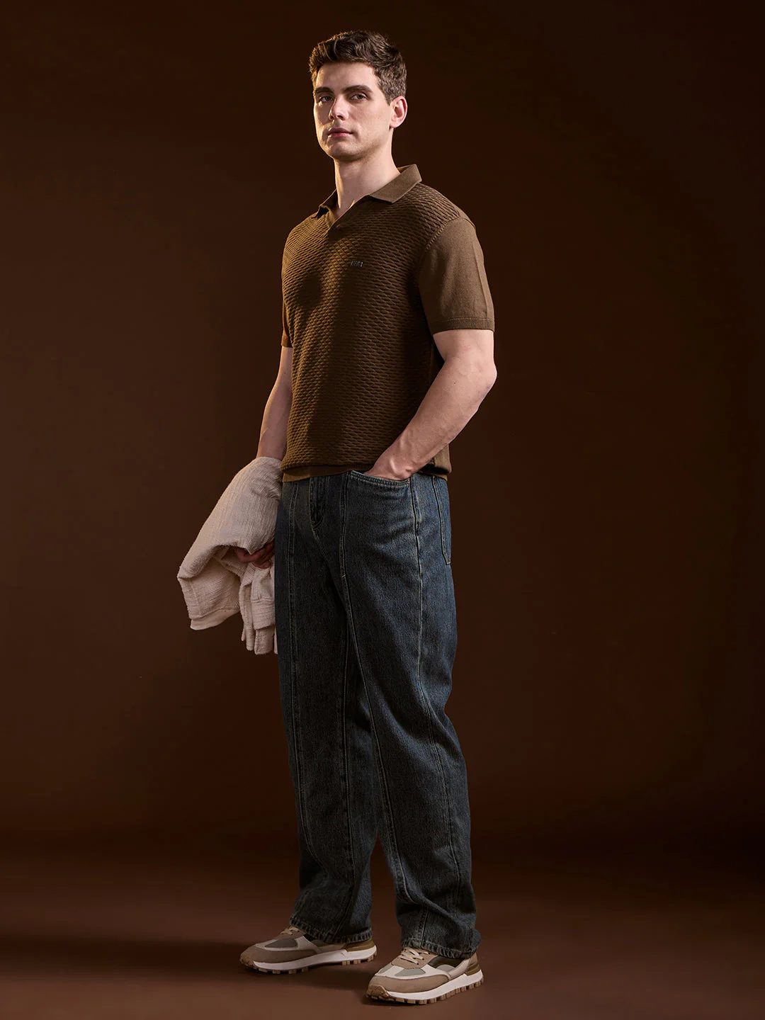 Men Brown Geometric textured Knit Slim Fit Polo - Image 4