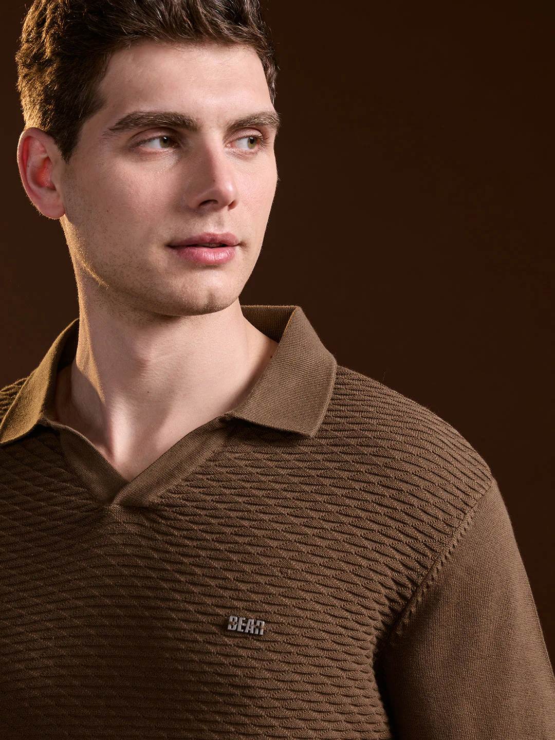 Men Brown Geometric textured Knit Slim Fit Polo - Image 5